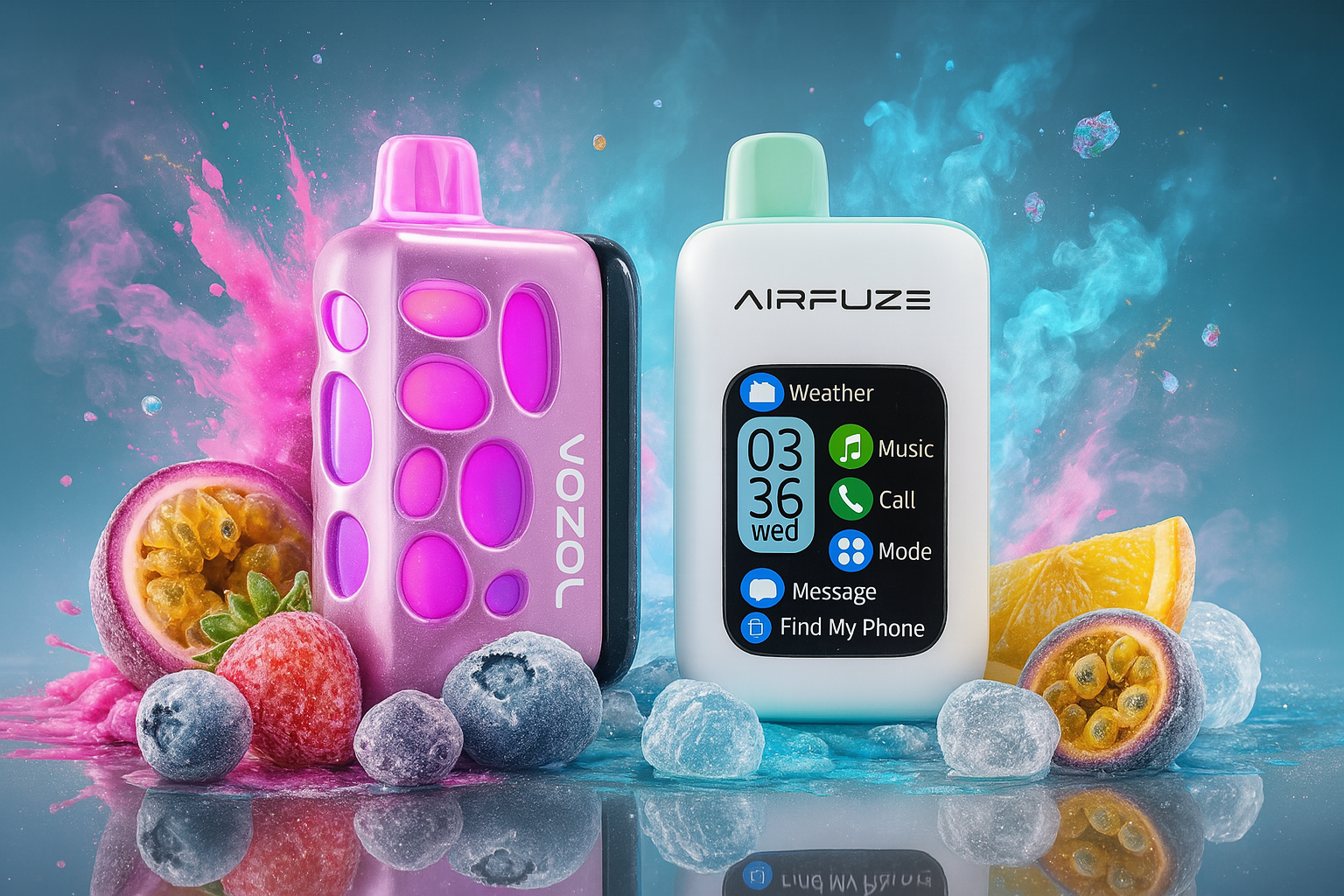 The image features two sleek vape devices surrounded by frozen fruits and vibrant splashes of color, creating a visually refreshing and tech-forward composition. On the left, the pink and purple “CONOR” device has a playful bubble-like design with its name printed vertically. On the right, the white “AIRFUZE” device with a mint green top resembles a mini smart gadget, displaying app icons for weather, music, calls, messages, and more, along with the time “03:36” and day “Wed.” Scattered around are frozen blueberries, strawberries, passion fruit halves, and a lemon slice, all set against dynamic bursts of pink and blue, suggesting a fusion of flavor, freshness, and modern lifestyle.