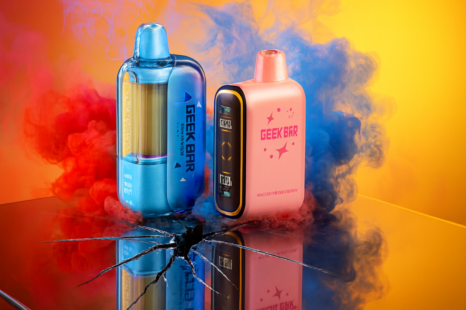 The photo shows two colorful vape devices placed on a cracked reflective surface with dramatic smoke effects in the background. The left device is blue with a transparent casing that reveals internal components, labeled GEEK BAR and BLUEBERRY printed vertically. The right device is pink with decorative stars, a digital display, and the label GEEK BAR along with Made in the United Kingdom. The vibrant gradient of orange and yellow combined with swirling red and blue smoke creates a bold, eye-catching atmosphere.