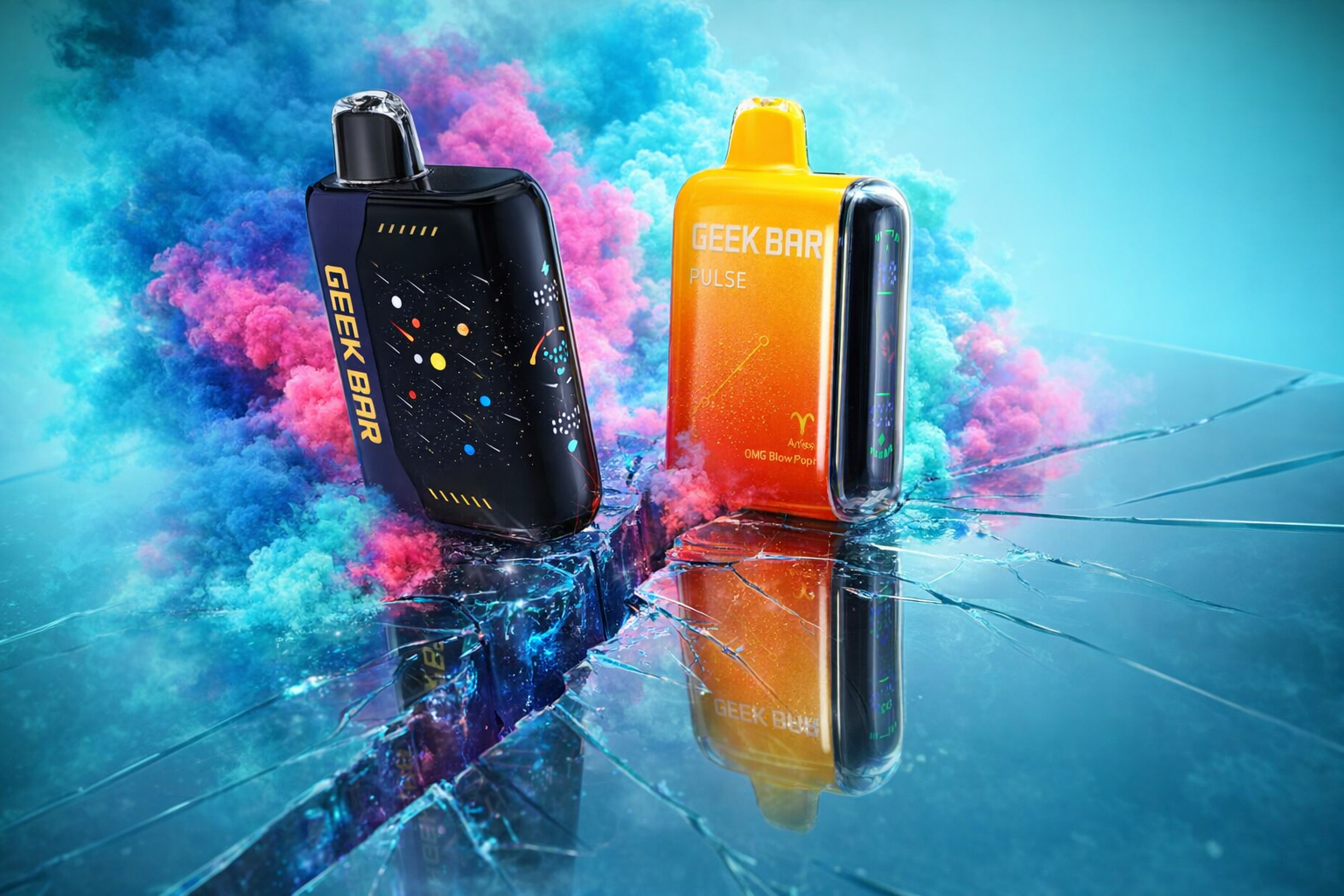 The photo shows two colorful vape devices placed on a cracked glass surface with vibrant clouds of pink, blue, and purple smoke swirling in the background. The black device on the left features a space-themed design with planets and stars, highlighted by the yellow text “GEEK BAR.” The orange device on the right is labeled “GEEK BAR PULSE” with the flavor “Aries OMG Blow Pop” and a zodiac symbol. The vivid smoke effects and reflective surface create a bold, eye-catching scene with a futuristic promotional style.