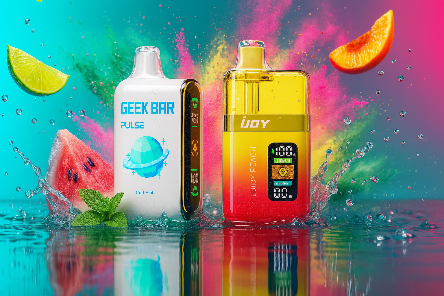 The image displays two eye-catching vape devices set against a vibrant, multicolored background with dynamic splashes of water and fresh fruit elements. On the left, the 