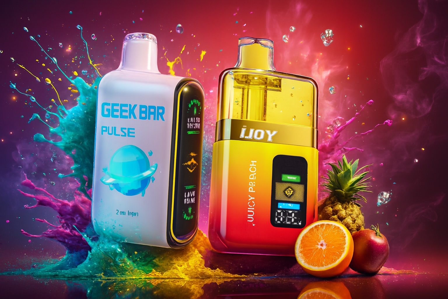 The image showcases two vibrant vape devices set against a dynamic, splash-filled background that bursts with energy and color. On the left, the 