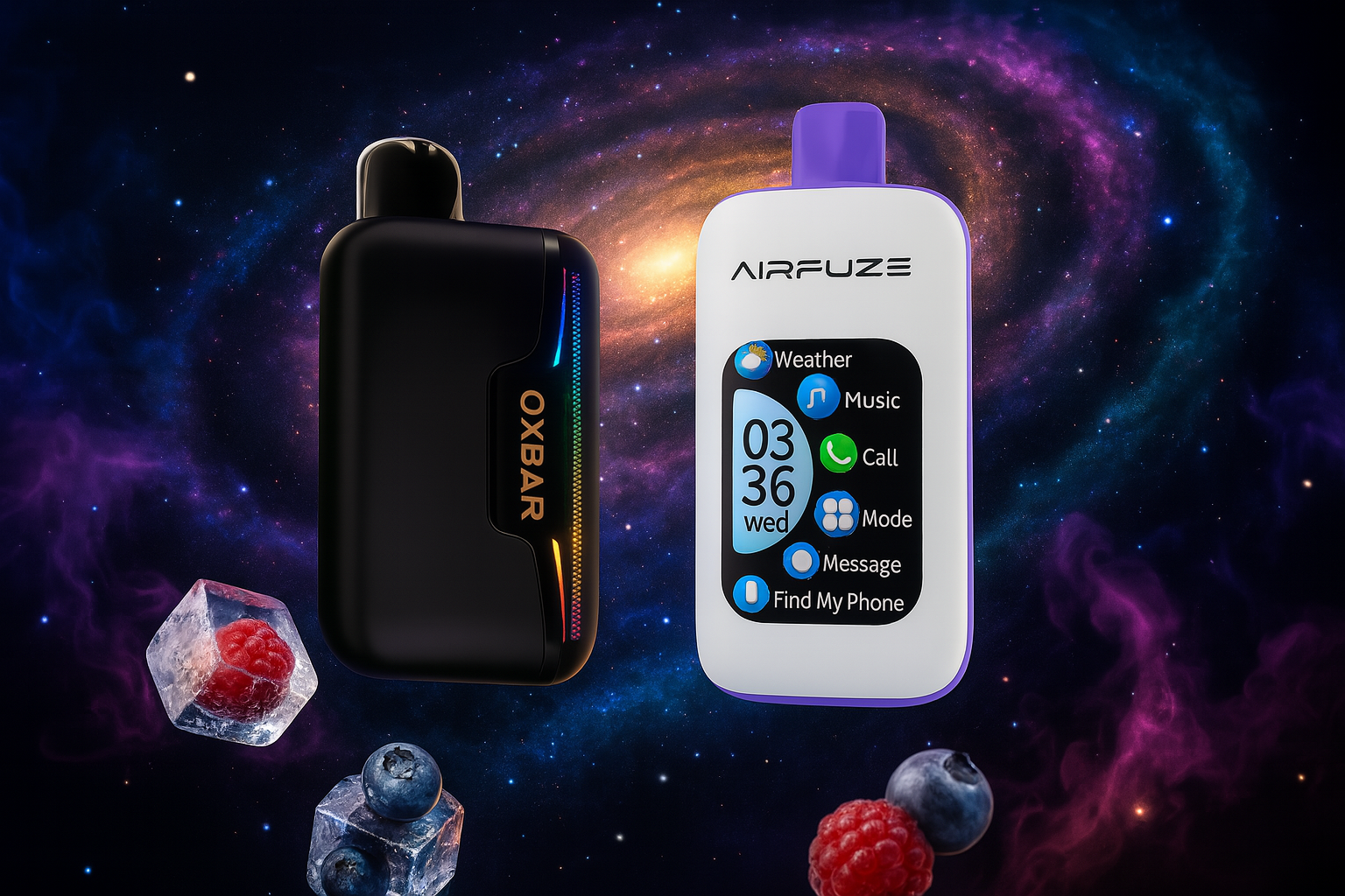 The image showcases two futuristic vape devices set against a cosmic backdrop filled with swirling galaxies and shimmering stars. On the left, the sleek black 