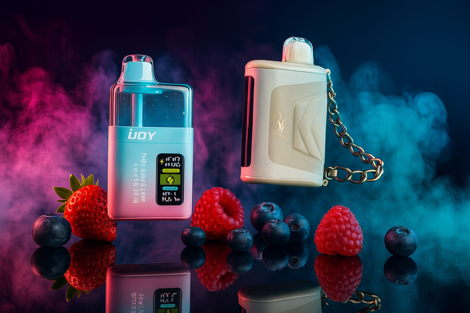 The image showcases two stylish vape devices nestled among a vibrant mix of fresh berries—strawberries, raspberries, and blueberries—evoking a sense of fruity indulgence. On the left, a sleek metallic gradient device labeled 