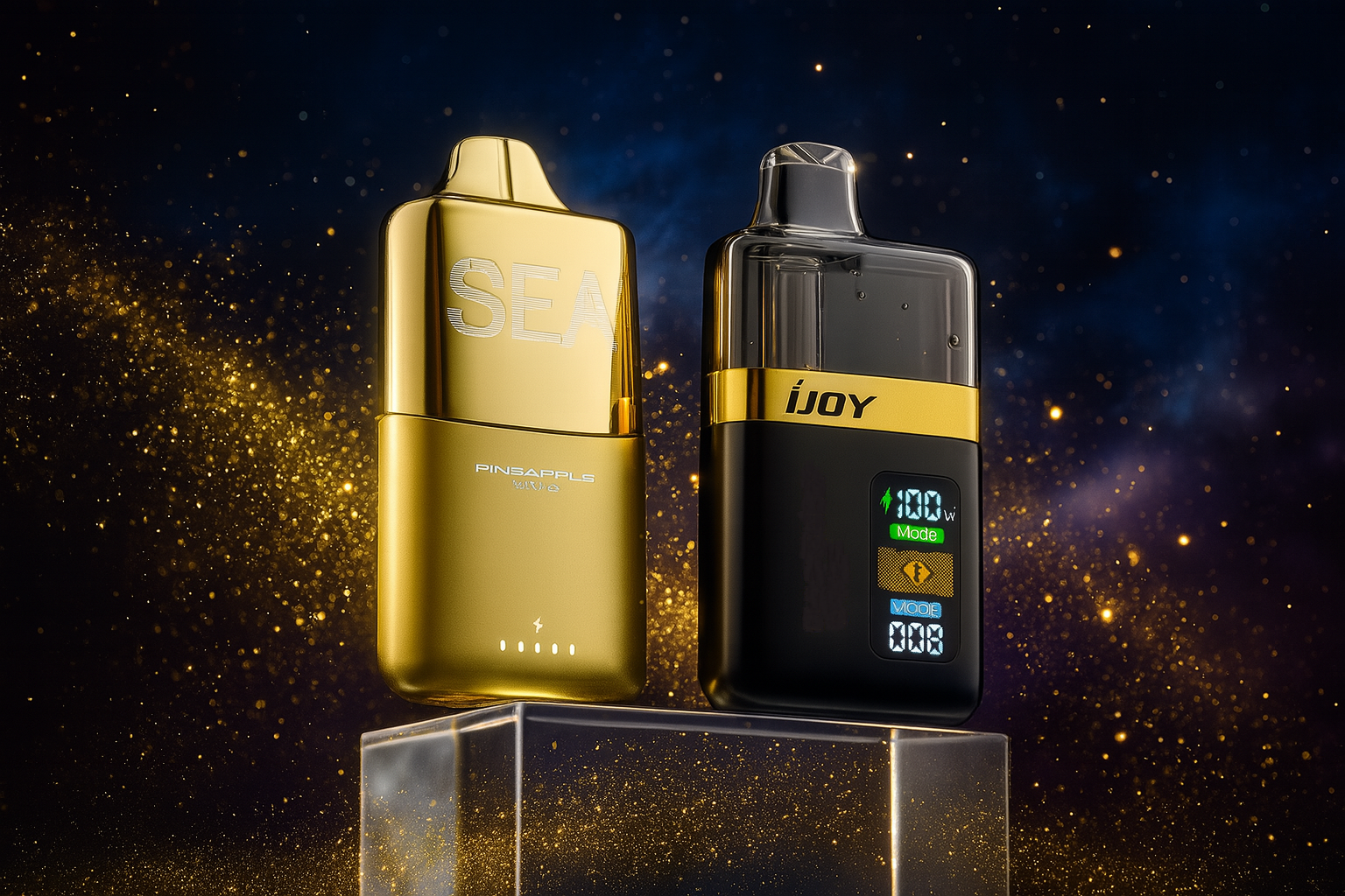 The image showcases two luxurious vaping devices set against a cosmic-themed backdrop sprinkled with golden sparkles. On the left, a sleek gold device labeled 