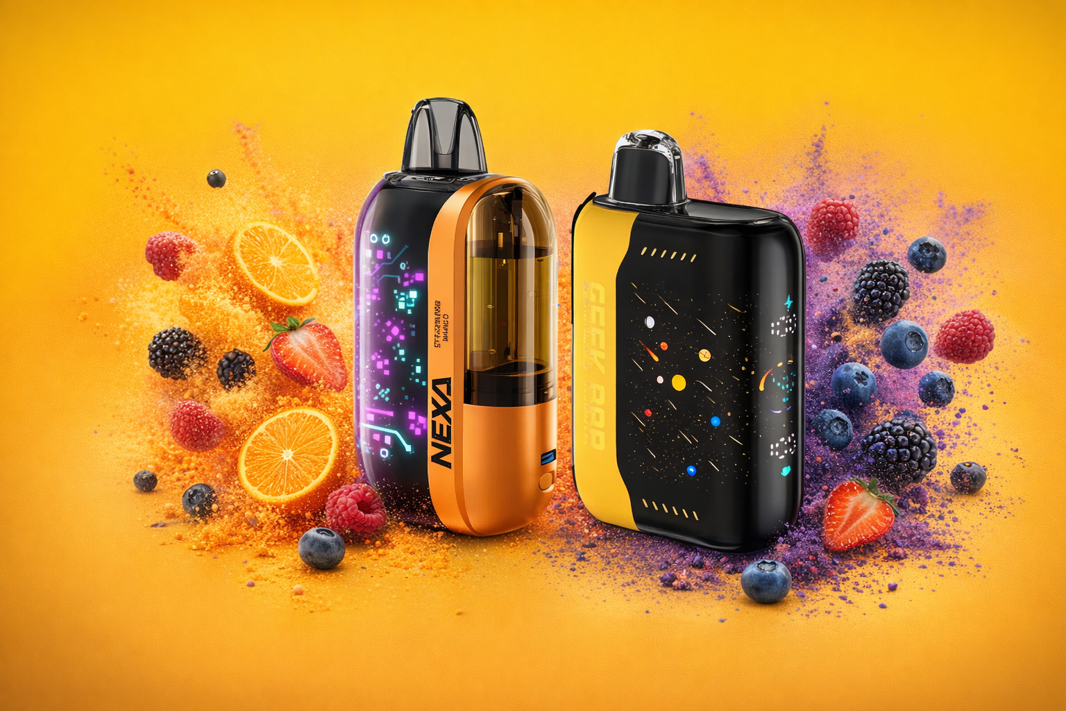 The photo shows two colorful vape devices placed against a bright orange background with fruits scattered around them. One device is orange and black with the label “NEXA Strawberry Mango,” while the other is black and yellow with a space-themed design labeled “GEEK POP.” Surrounding them are sliced oranges, strawberries, raspberries, blueberries, and fruit powders, emphasizing their fruity flavors.