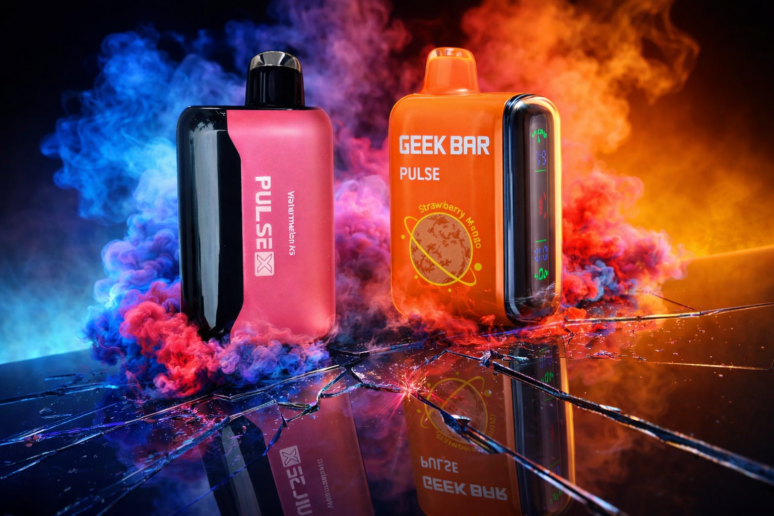The photo shows two vape devices standing upright on a cracked reflective surface with dramatic smoke effects in shades of blue, purple, and orange. The left device is pink and black, labeled PULSE X with the flavor Watermelon Ice, while the right device is bright orange, branded GEEK BAR PULSE with a planet graphic and the flavor Strawberry Mango. The bold colors, glowing background, and cracked surface create a striking, futuristic atmosphere.