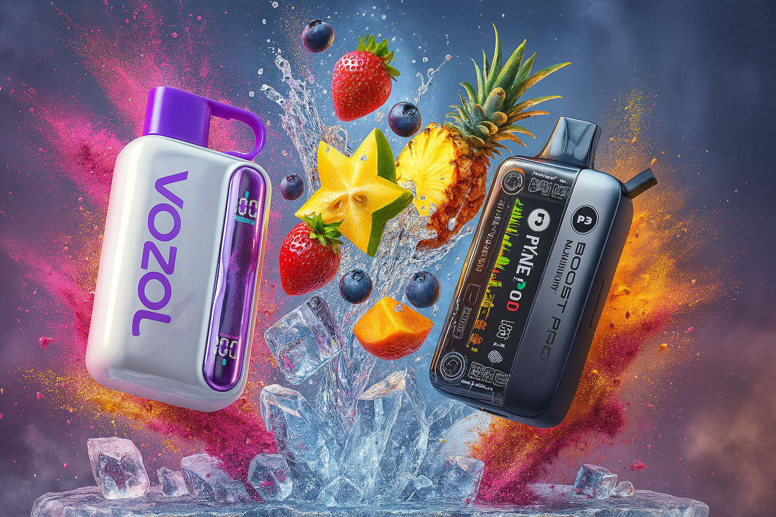 The image displays two vape devices surrounded by a vivid explosion of fruits and ice, set against a dynamic background of purples, blues, and oranges. On the left, the silver and purple 