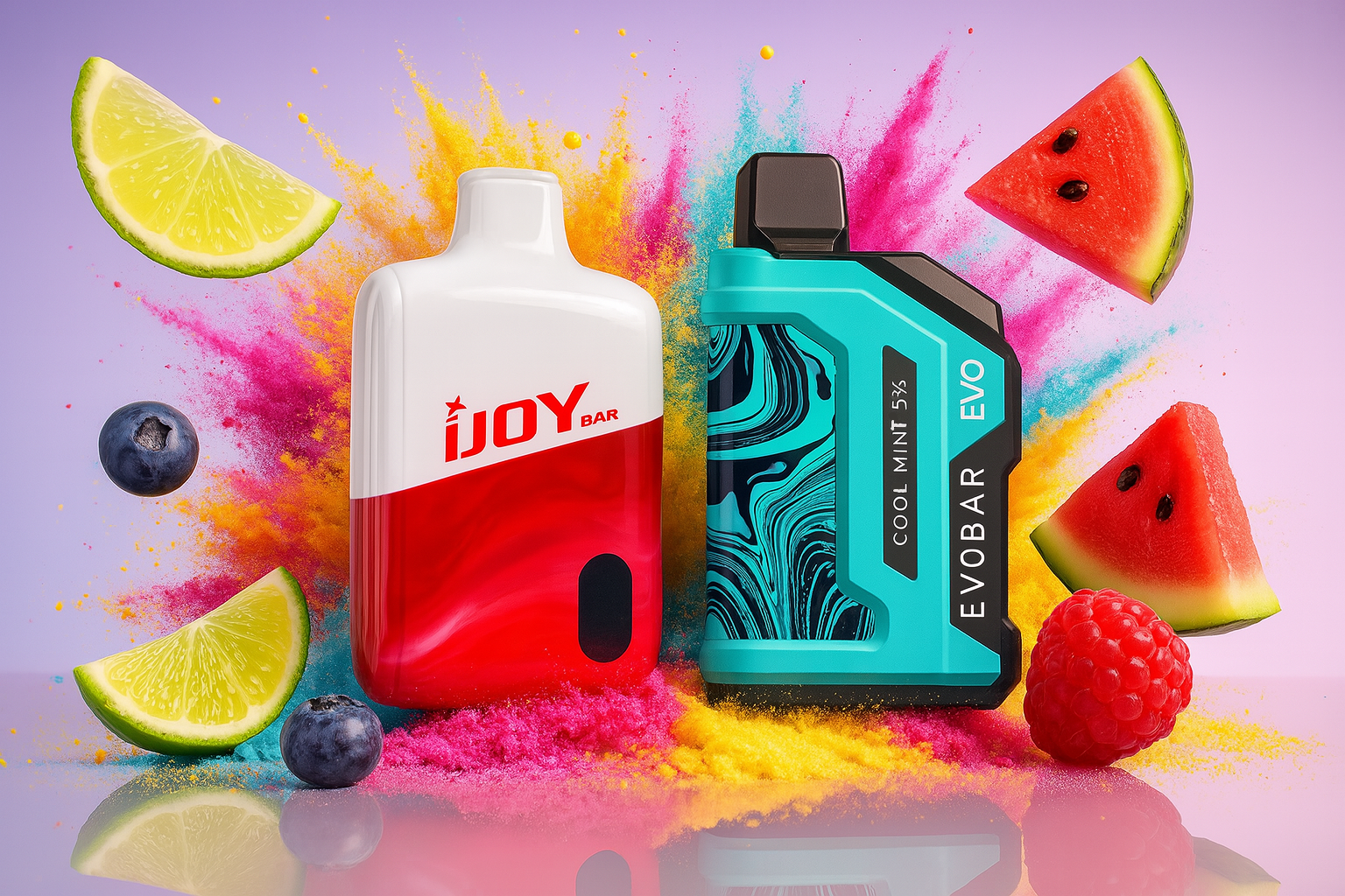 The image displays two vibrant vape devices surrounded by an explosion of colorful fruit and powder bursts, creating a dynamic and flavorful visual. On the left, the 