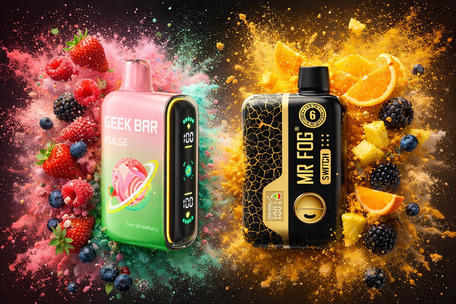 The photo shows two vape devices surrounded by a dynamic burst of fruits and colorful powders. The left device is pink and green, labeled “GEEK BAR PULSE Sour Strawberry,” with a digital display showing “100.” The right device is black and gold, labeled “MR FOG SWITCH,” featuring a cracked texture design, a circular switch, and a “6%” nicotine strength marking, highlighted by tropical fruits and orange powder bursts.