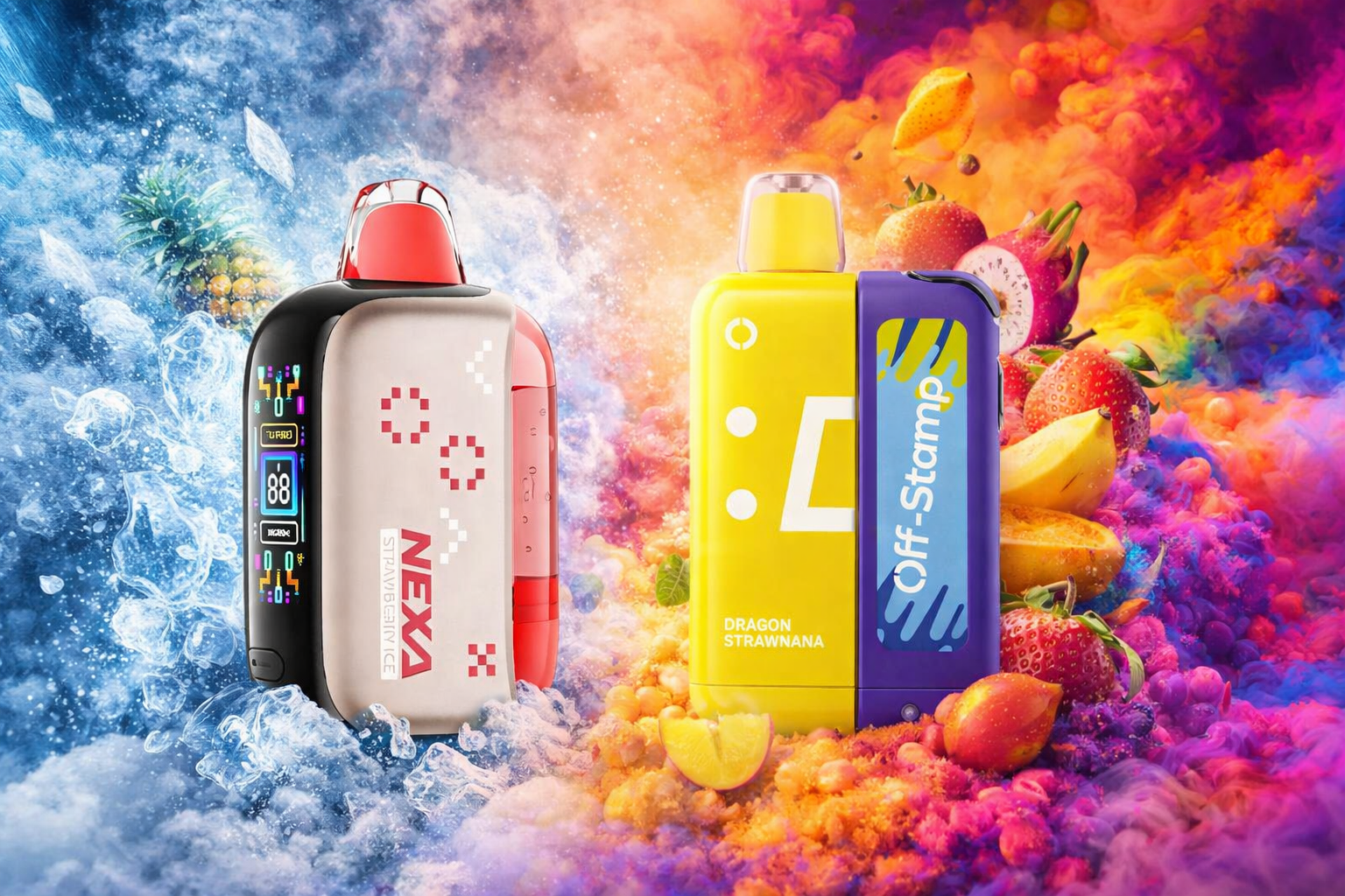 The photo shows two colorful vape devices set against a vibrant backdrop of fruit and powder bursts. On the left, the “NEXA STRAWBERRY ICE” features a digital display and cool blue visuals with water and pineapple, emphasizing icy freshness. On the right, the bright yellow “Off-Stamp DRAGON STRAWNANA” is surrounded by strawberries, bananas, dragon fruit, and warm smoke effects, highlighting tropical fruity flavors.