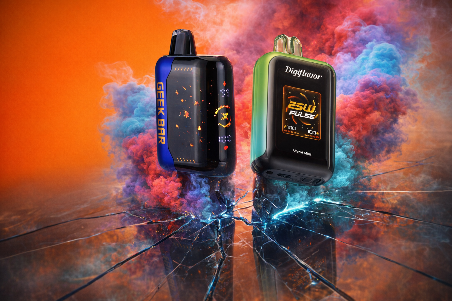 The photo shows two vape devices standing upright against a vivid, smoky background with dramatic colors. On the left is a blue and black 