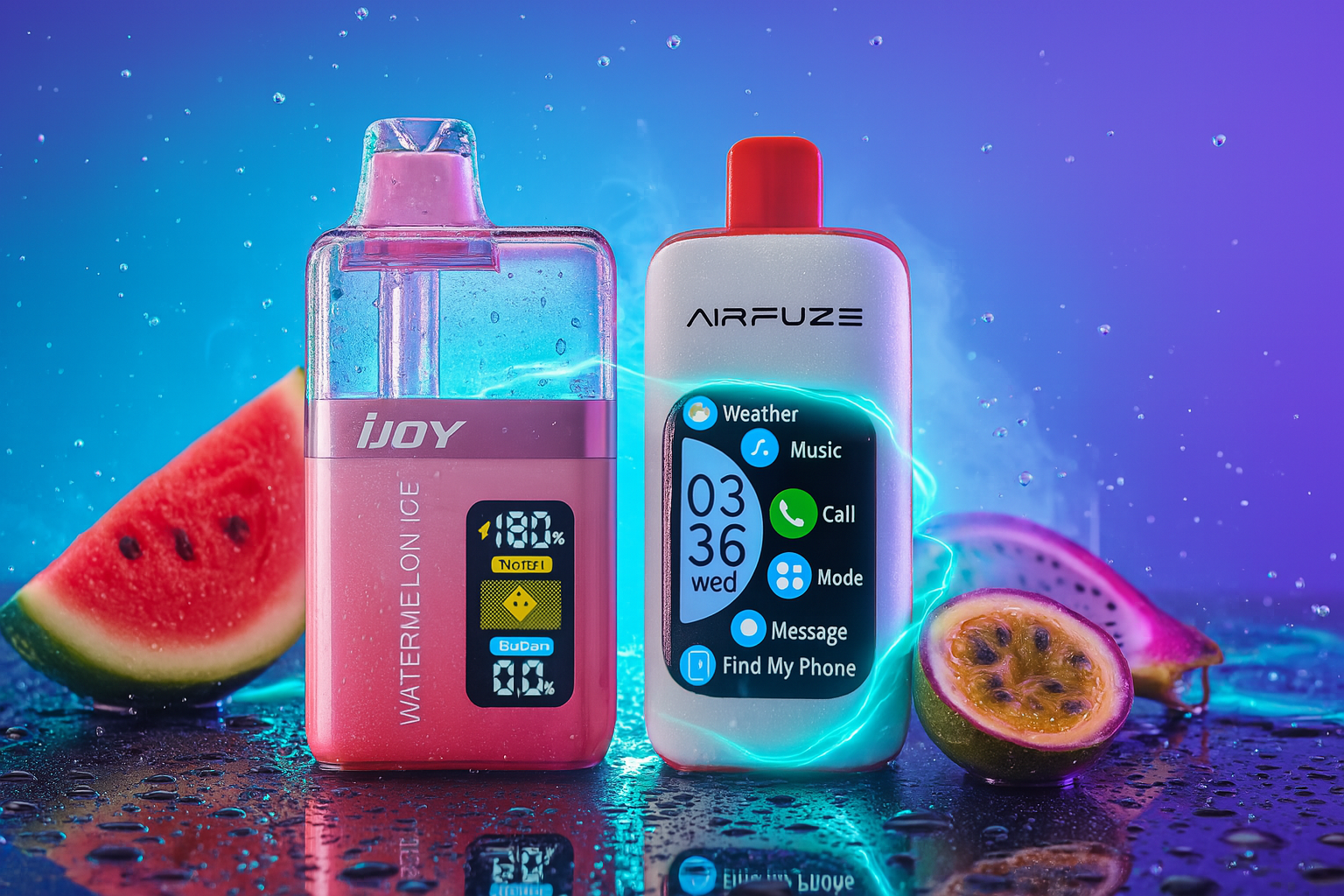 The image features two sleek electronic vape devices placed on a wet surface glistening with water droplets, surrounded by slices of watermelon and passion fruit. The left device, labeled 