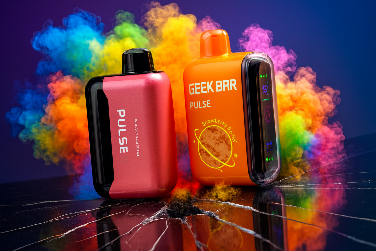 The photo shows two vape devices placed on a cracked reflective surface with vibrant multicolored smoke in the background. The red and black device on the left has the word 