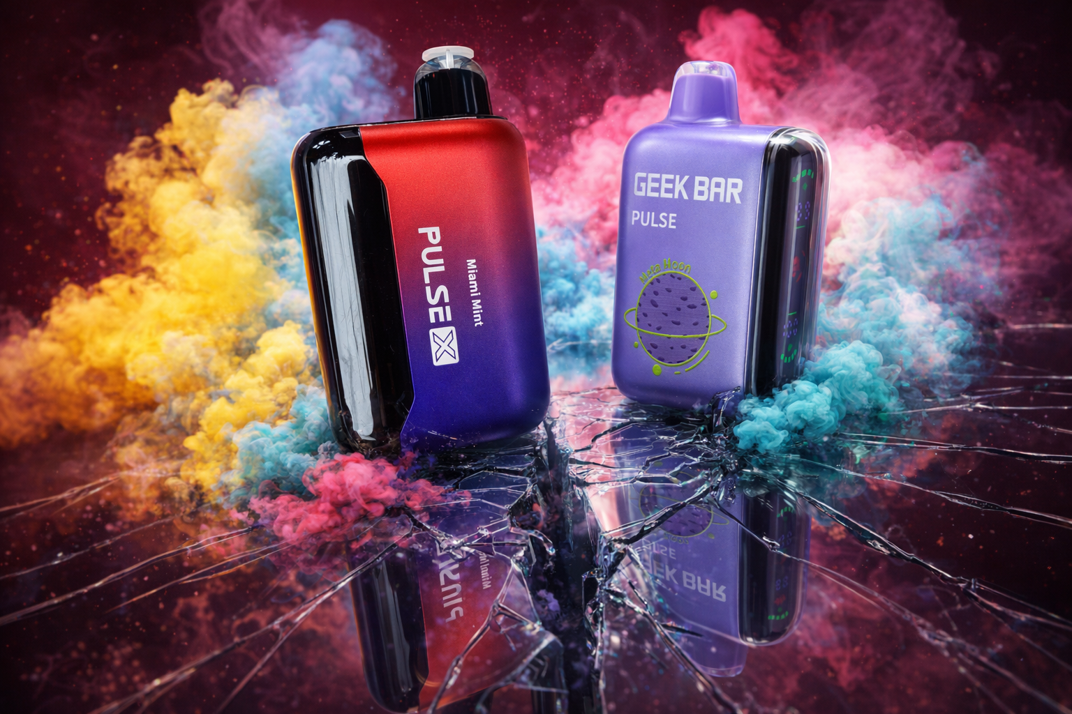 The photo shows two colorful vape devices placed on a cracked glass surface surrounded by vibrant smoke in shades of yellow, pink, blue, and purple. The left device is labeled 