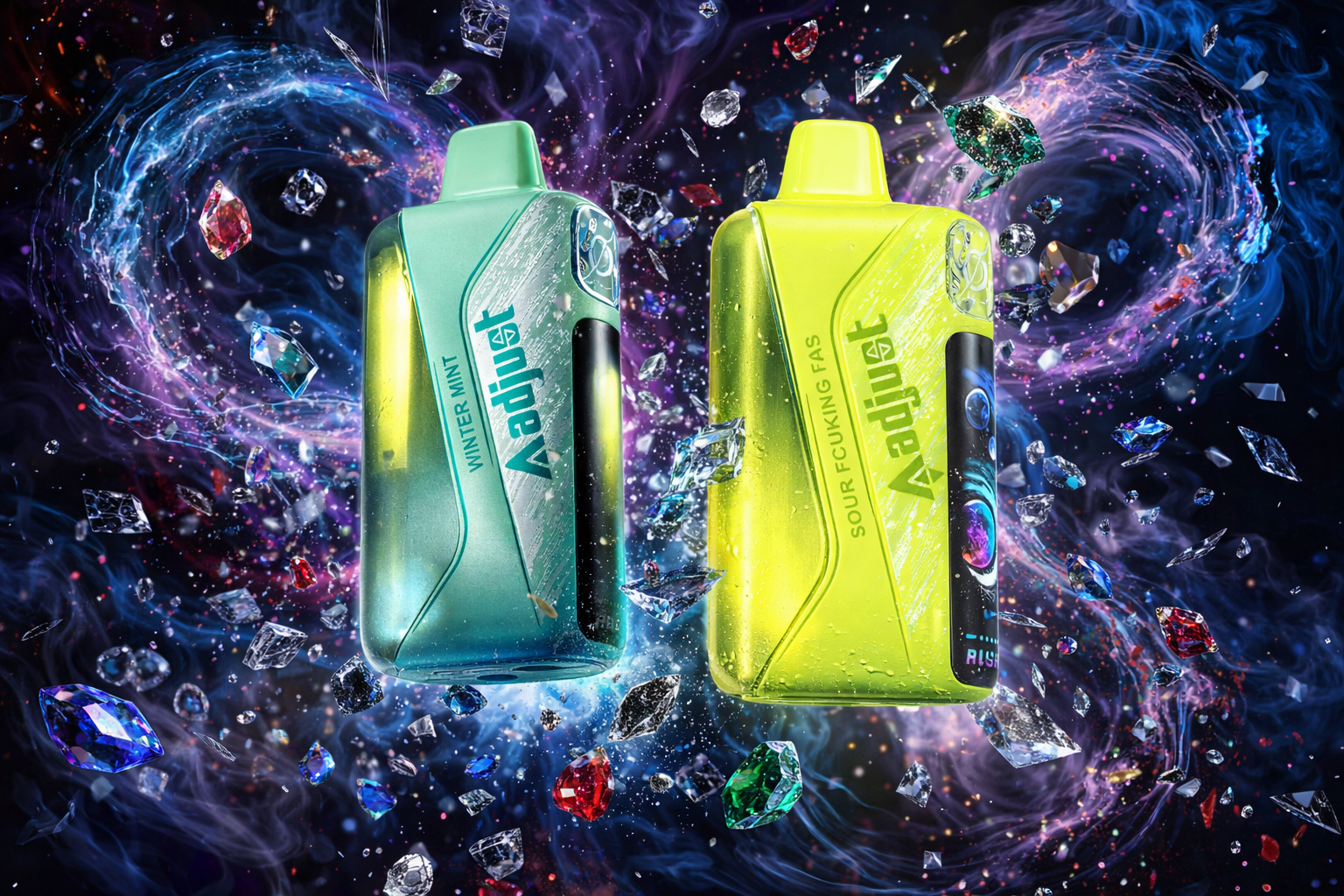 Two sleek vape devices stand side by side against a cosmic backdrop filled with swirling light and floating gemstones. The left device, in metallic teal, is labeled “Aadjuat WINTER MINT,” while the right one, bright yellow, reads “Aadjuat SOUR FOUKING FAS.” Both feature glossy surfaces and futuristic displays with colorful planetary graphics. The composition radiates energy and luxury, combining vibrant colors, crystal reflections, and a galactic atmosphere.