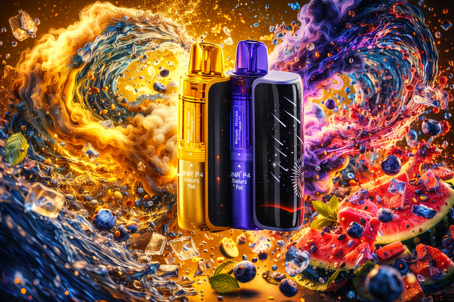 Three sleek vape devices stand together amid a vivid explosion of color and motion. The gold and purple devices labeled “JNR P4 Stellarc Pod” shine brightly, while the black one features a radiant white burst design. Surrounding them are swirling waves of golden and purple vapor mixed with splashes of water, ice cubes, blueberries, mint leaves, and watermelon slices. The composition feels energetic and luxurious, symbolizing freshness, flavor, and dynamic contrast.