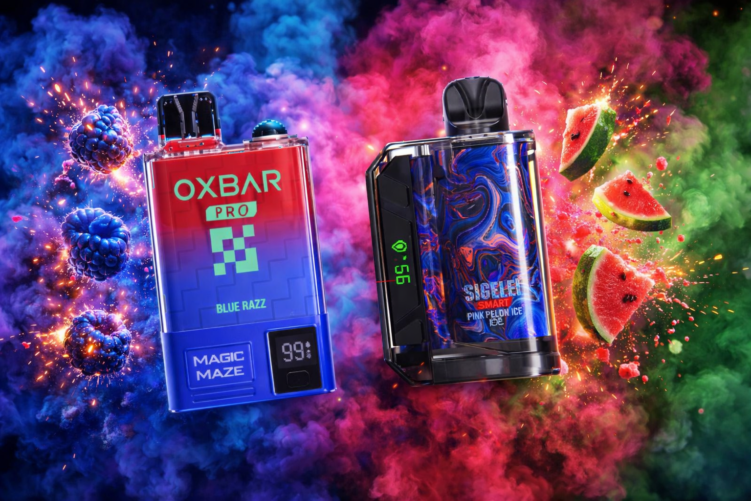 The photo shows two colorful vape devices displayed against a vibrant, smoky background with fruit accents. On the left is a red-and-blue device labeled 