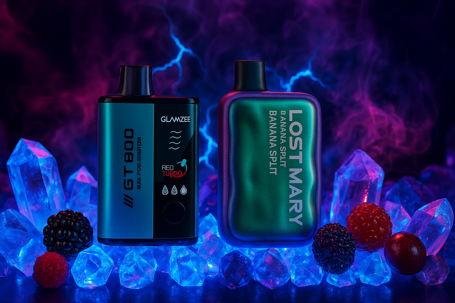 The image features two striking vape devices set against a dramatic backdrop of glowing blue crystals, electric lightning, and swirling purple-blue mist. On the left, the “GLAMZEE GT800” device with the “RED TURBO” flavor displays sleek icons suggesting airflow or power settings, while the right-hand “LOST MARY” vape highlights the “BANANA SPLIT” flavor in bold lettering. Surrounding them are rich berries—blackberries, raspberries, and blueberries—adding depth and vibrancy to the scene. The overall composition exudes a sense of icy intensity and bold flavor, merging high-tech allure with natural richness.