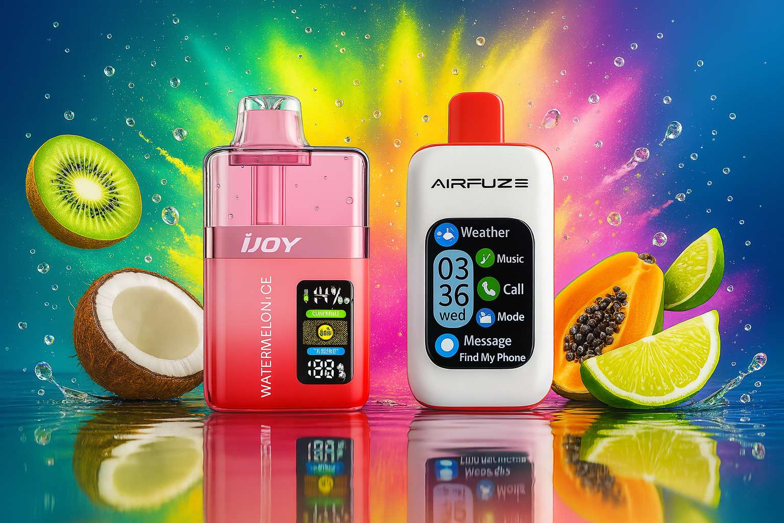 The image showcases two vibrant vape devices standing upright on a glossy, reflective surface, set against a dynamic splash of multicolored background. The left device, labeled 