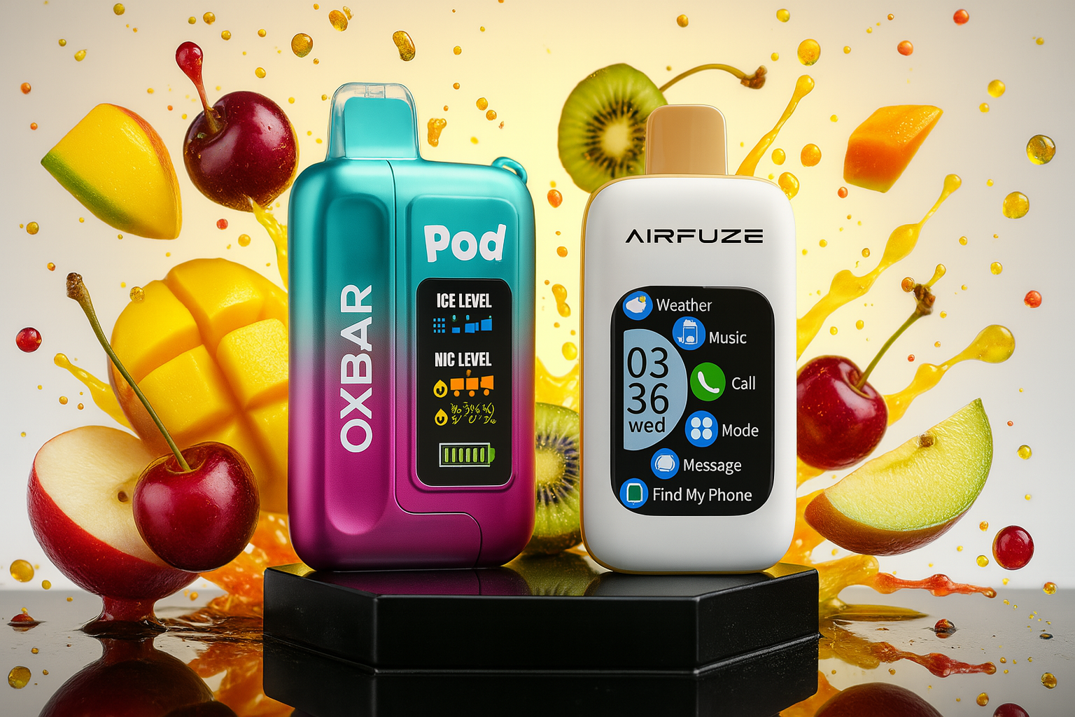 The image displays two sleek electronic devices positioned on a glossy black pedestal, set against a vivid fruit-themed backdrop bursting with splashes of juice and vibrant fruits like cherries, mango, apple, and strawberries. The left device, labeled 