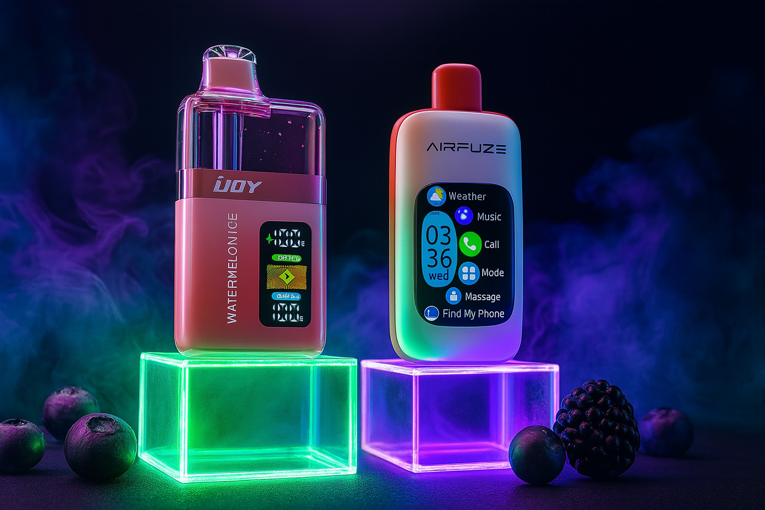 The image showcases two sleek, futuristic devices displayed on glowing neon platforms against a smoky, atmospheric backdrop. On the left, the transparent pink-topped 
