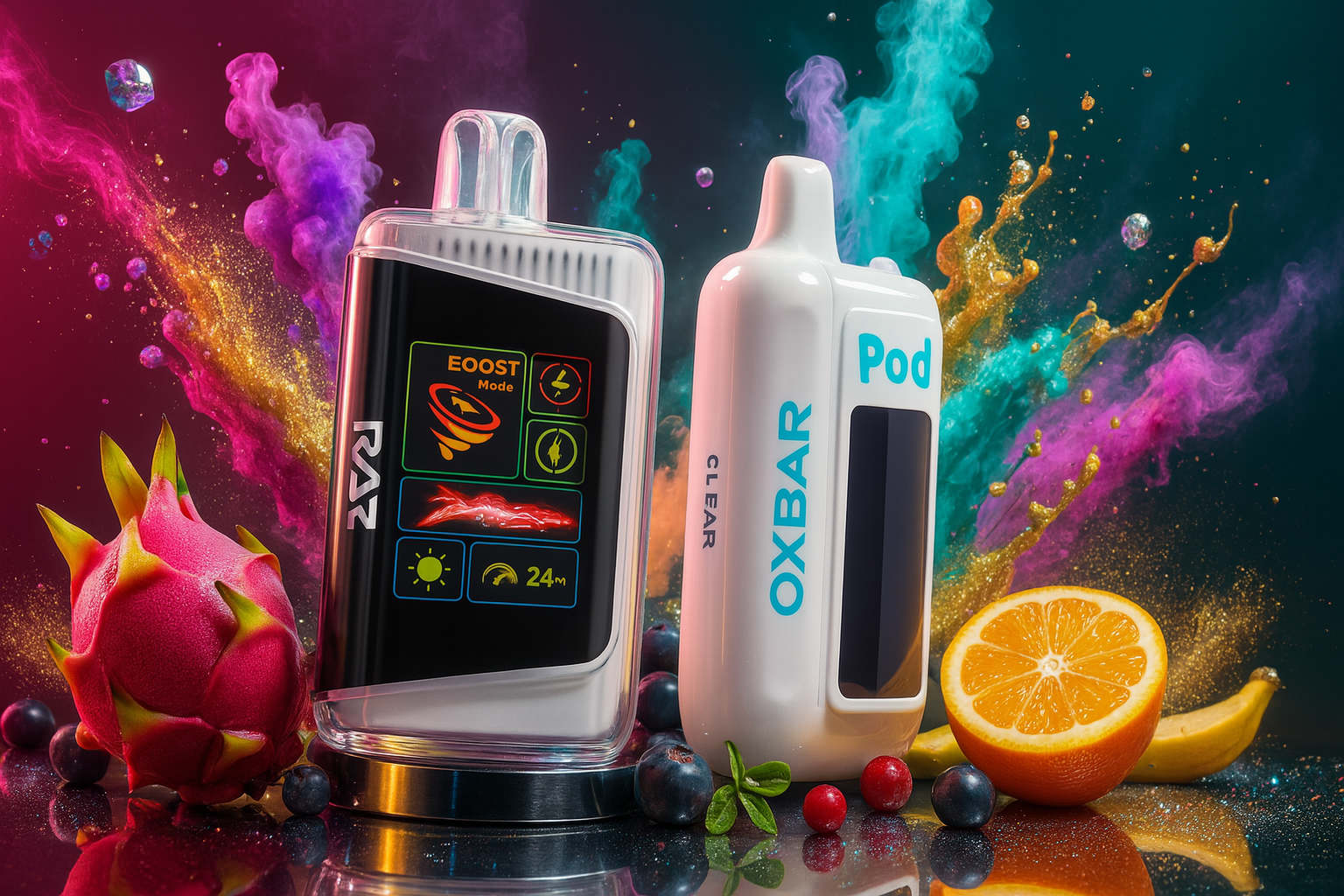 The image displays two vape devices surrounded by a vibrant explosion of fruits and colorful splashes, creating a lively and refreshing atmosphere. On the left, the 