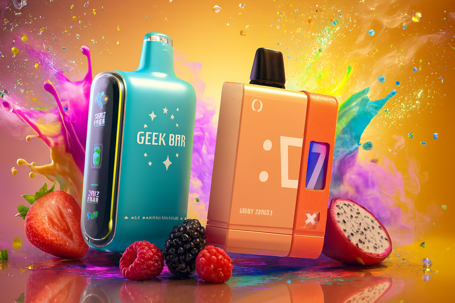 The image showcases two vibrant vape devices set against a dynamic, splash-filled backdrop bursting with color and energy. On the left, the turquoise 
