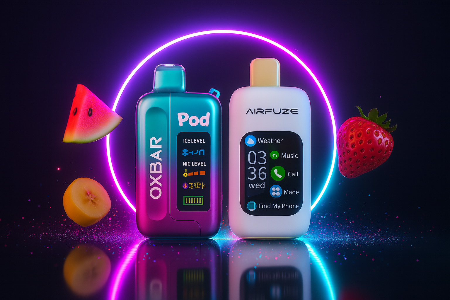 The image showcases two futuristic vape devices set against a neon-lit background bursting with vibrant energy. On the left, the “OXBAR Pod” features a sleek design with indicators for “ICE LEVEL,” “NIC LEVEL,” and battery status, emphasizing control and customization. On the right, the “AIRFUZE” device resembles a smart gadget, displaying icons for weather, music, calls, and more—alongside data like “03,” “36,” and “Wed”—suggesting an innovative fusion of vaping and smart tech. Floating around the devices are juicy fruit elements including watermelon, strawberry, and a golden plum-like fruit, enhancing the visual theme of flavor, freshness, and digital sophistication.