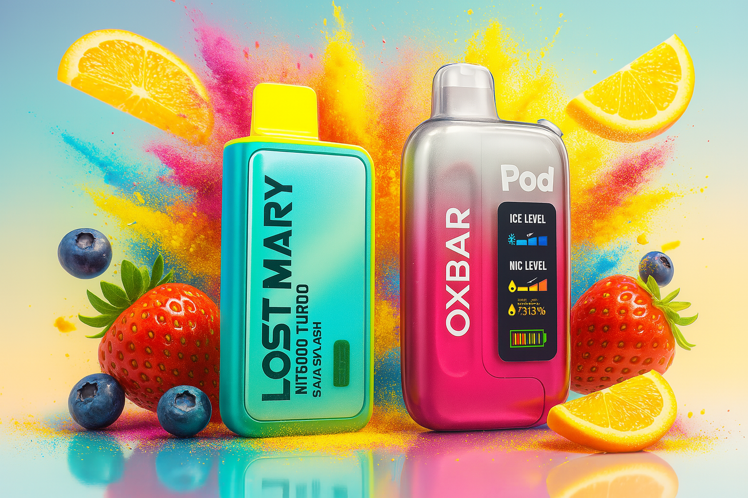 The image showcases two vibrant vape devices set against a dynamic backdrop of multicolored powder bursts and fresh fruit elements. On the left, the 