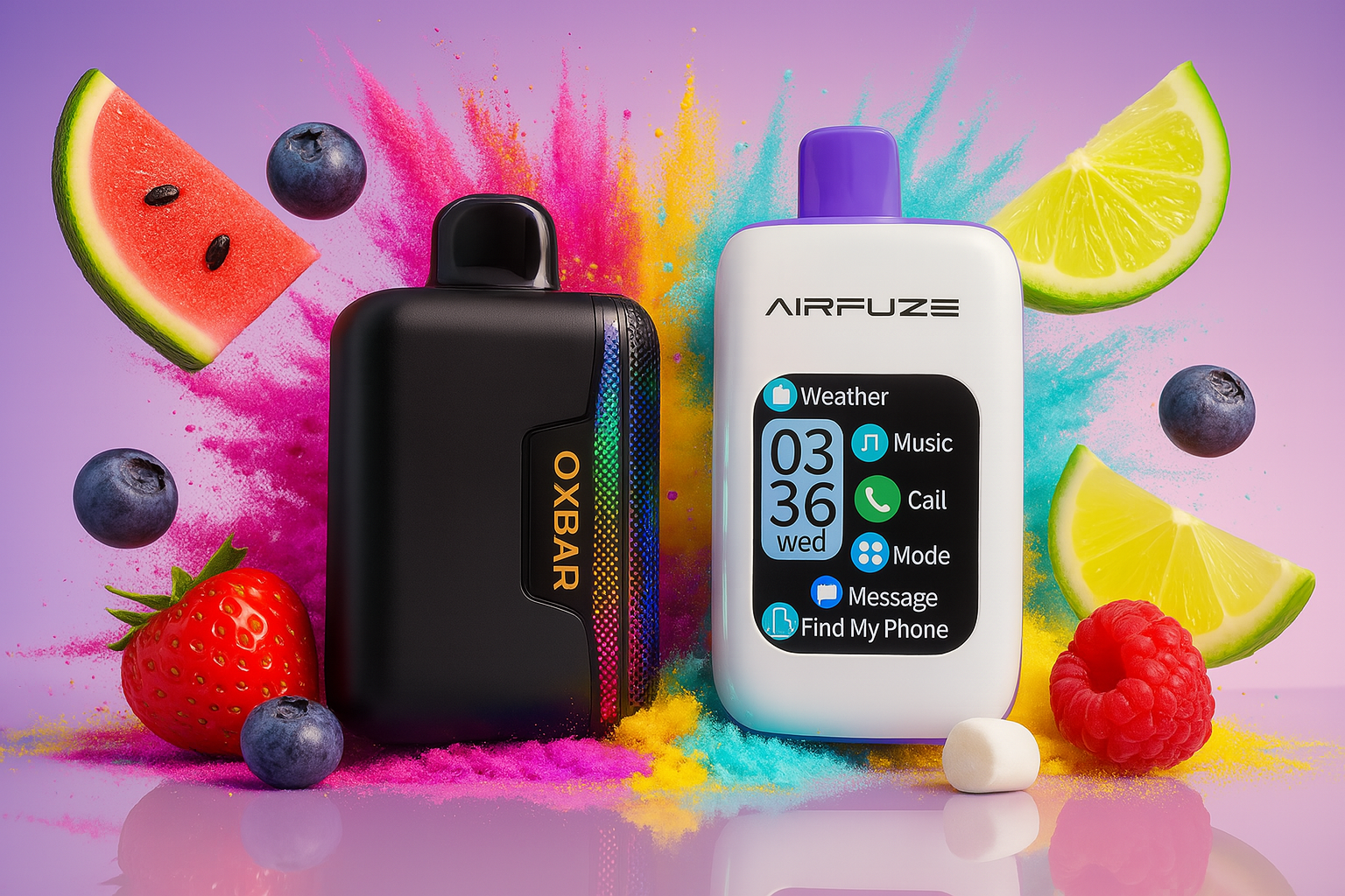 The image features two vibrant vape devices set against a dynamic, color-splashed background with an assortment of fresh fruits. On the left is a sleek black device labeled 