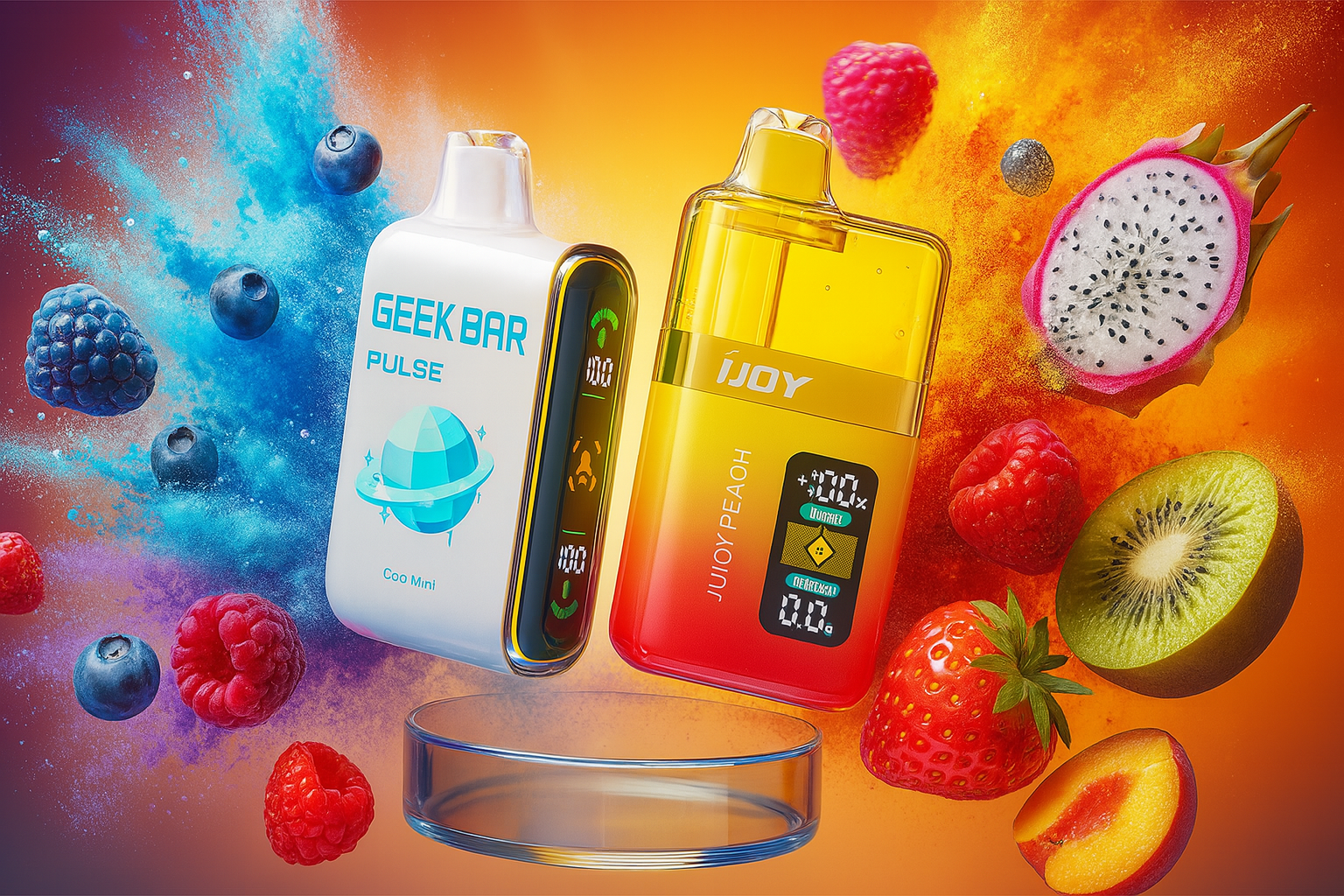 The image features two vibrant vape devices surrounded by an explosion of colorful fruits and dynamic background effects. The left device, labeled 