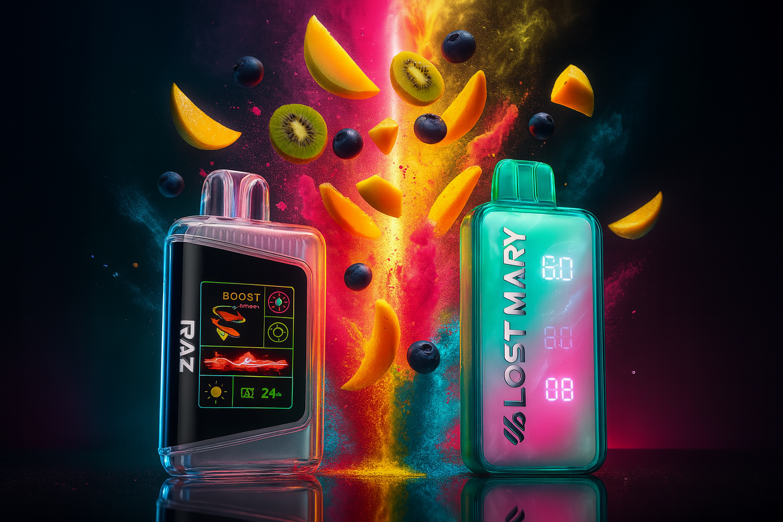 The image features two brightly colored vape devices set against a vivid, high-energy backdrop of neon light and fruit elements. On the left, the 