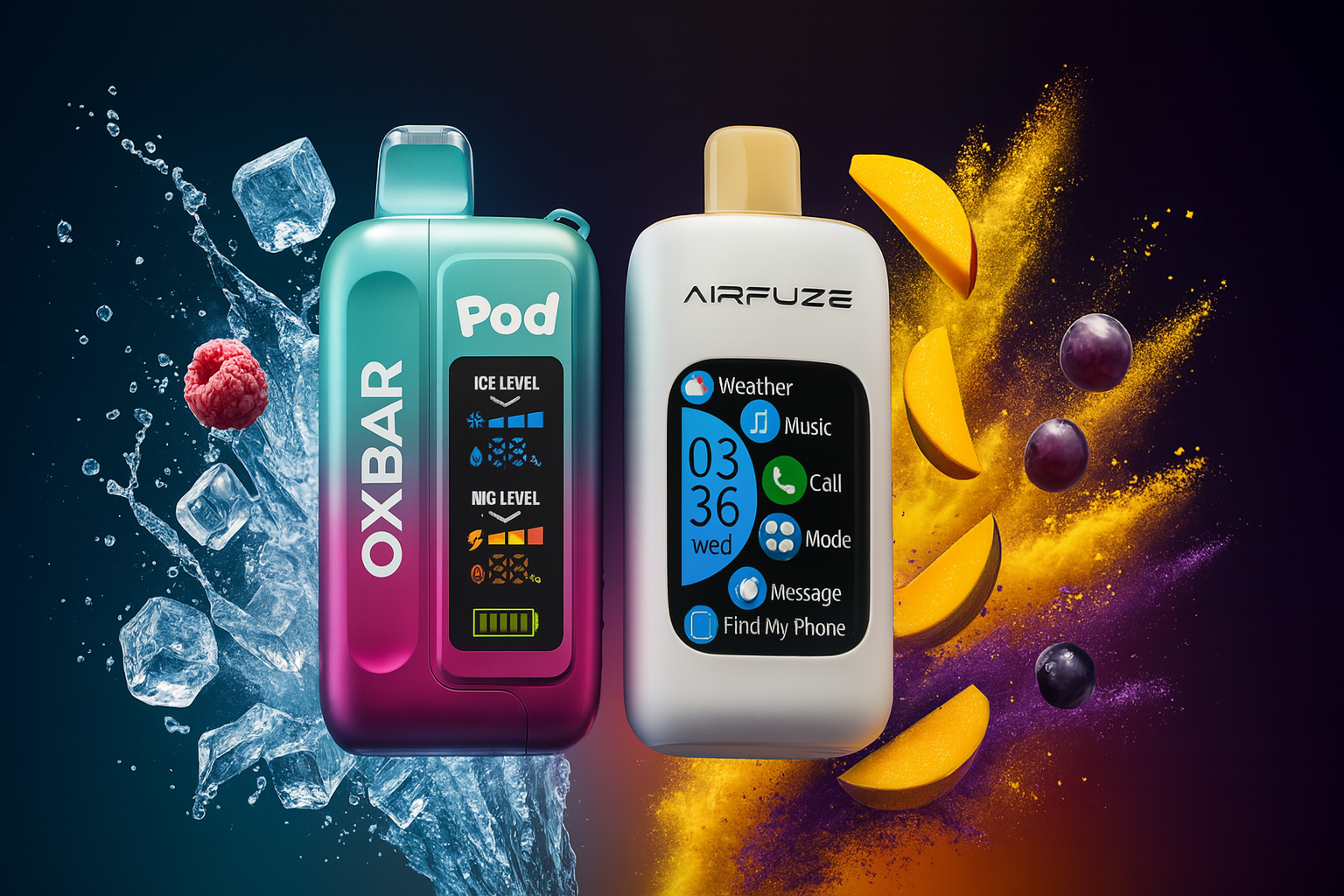 The image features two sleek electronic devices set against a vibrant, sensory-rich backdrop. On the left, the 