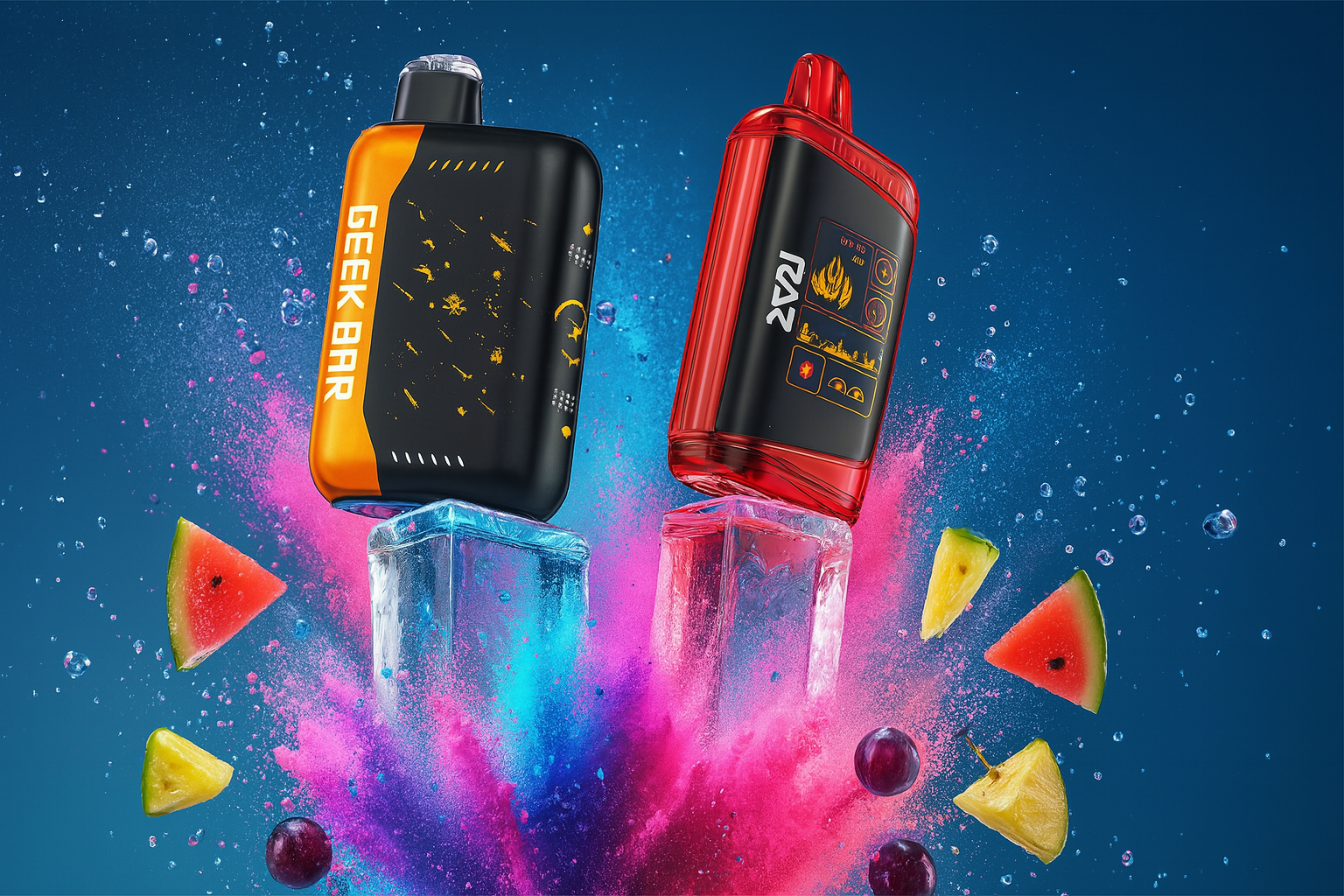 The image features two vertically positioned vape devices mounted on ice blocks, set against a vibrant, splash-filled background. The left device, labeled 