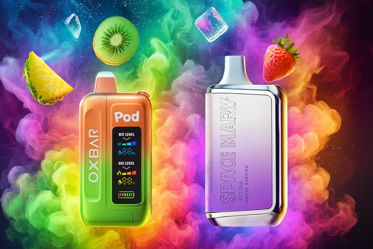 The image features two vibrant vape devices surrounded by swirling multicolored smoke and fresh fruit elements, creating a dynamic and sensory-rich composition. On the left, the green and orange 