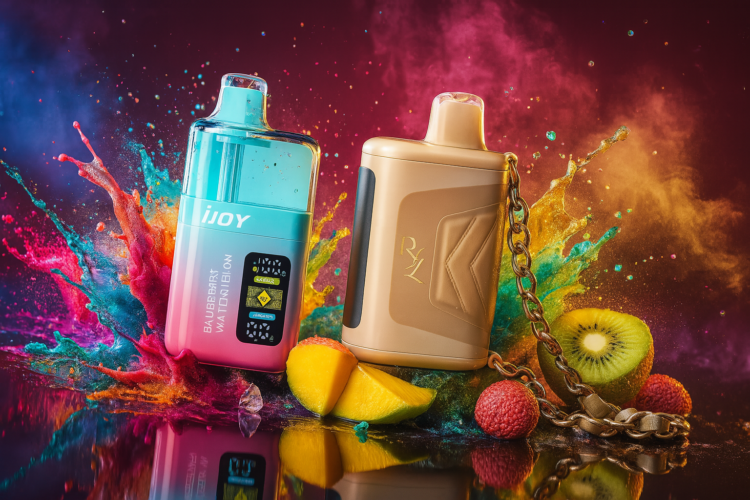 The image showcases two vibrant vape devices set against a dynamic burst of multicolored powder, evoking energy and sensory impact. On the left, a turquoise-to-pink gradient vape labeled “iJoy” features a digital display and buttons, highlighting its dual vaping system. On the right, a sleek metallic gold device with a chain and embossed branding adds a touch of luxury. Surrounding them are fresh fruits—kiwi, lychee, and mango—suggesting bold, fruity flavor profiles. The composition fuses technology and nature in a visually explosive, flavor-forward presentation.