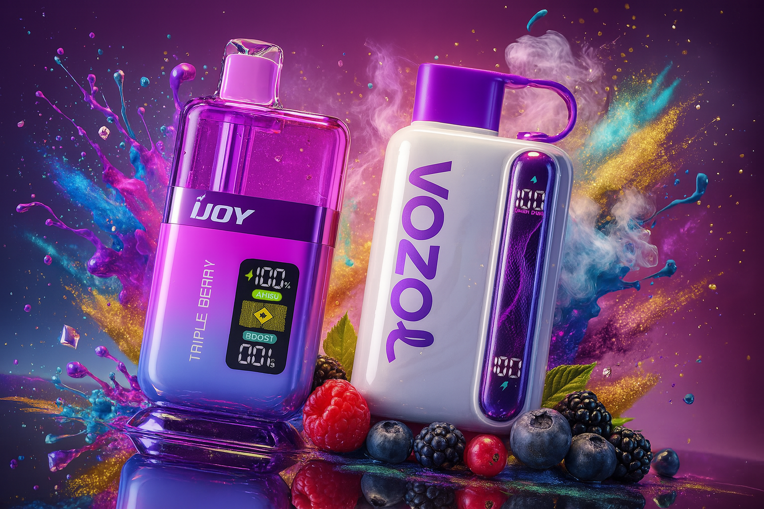 The image features two vibrant vape devices surrounded by a lush assortment of berries and mint leaves, set against a dynamic explosion of blue, yellow, pink, and purple hues. The left device, branded “iJOY,” is labeled “TRIPLE BERRY” and displays digital indicators such as “100% Lux,” “BOOST,” and “100%,” emphasizing performance and flavor intensity. The right device, from “VOZOL,” has a sleek design with a purple cap and vertical branding, adding a stylish contrast. The composition blends modern tech aesthetics with rich, fruity visuals, creating a bold and flavorful sensory experience.