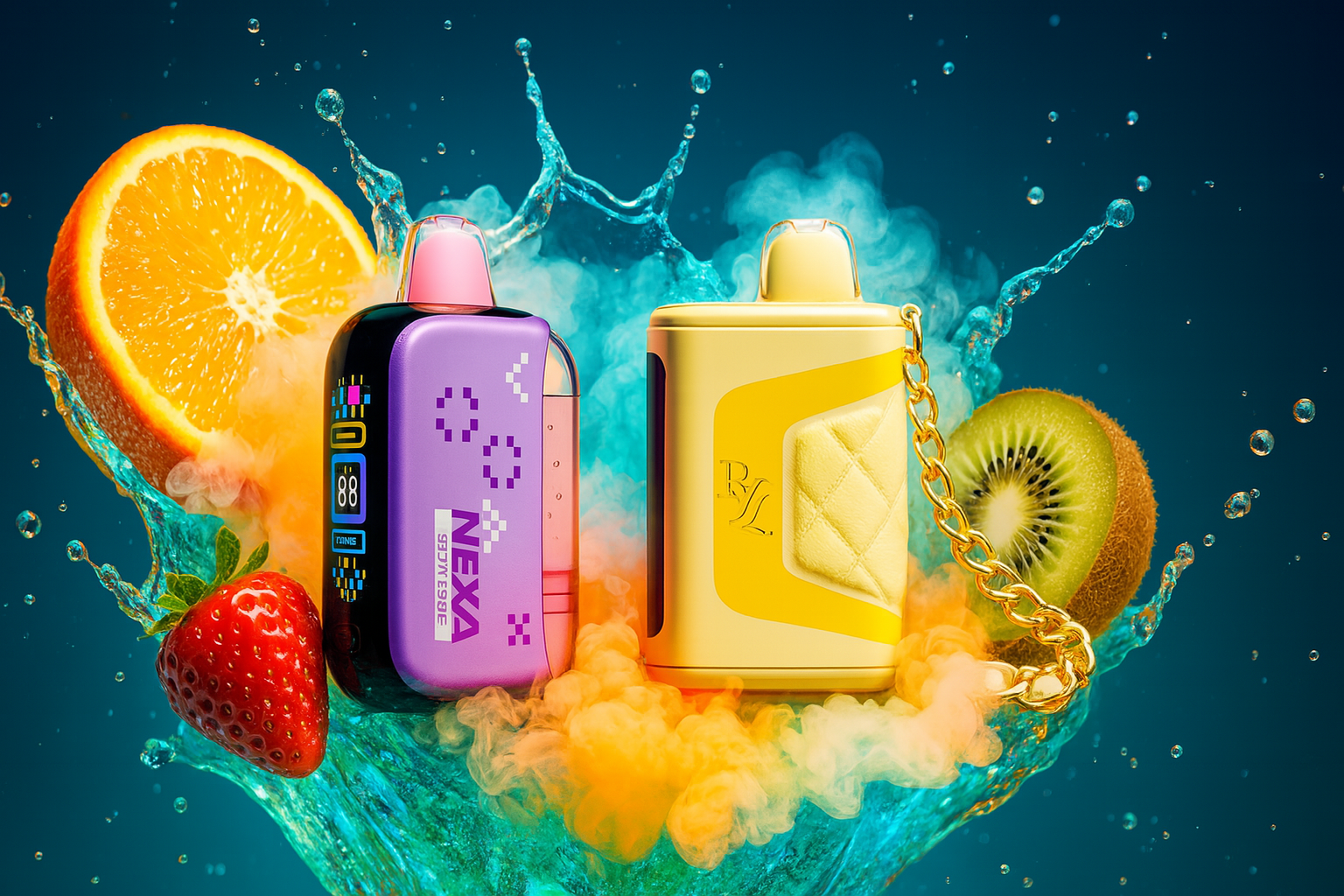 The image features two vibrant vape devices surrounded by splashes of liquid and fresh fruits, set against a dynamic blue background. On the left, the black-and-purple NEXA device displays a digital “88” and sports pixelated graphics with a retro gaming aesthetic, topped with a bright pink mouthpiece. On the right, a yellow vape with a quilted texture and gold chain exudes a luxurious, fashion-inspired vibe, embossed with the initials “BV” and also featuring a pink mouthpiece. Sliced orange, kiwi, and strawberry float in the misty scene, enhancing the fruity, energetic atmosphere and blending tech, style, and flavor into one bold composition.