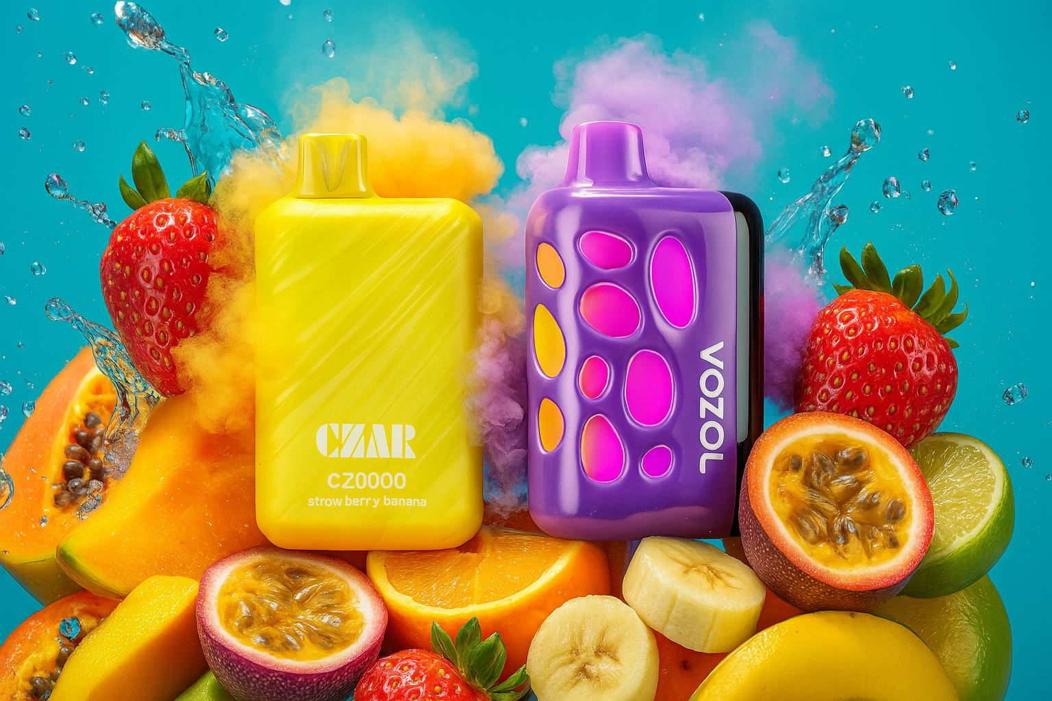 The image showcases two vibrant vape devices surrounded by an explosion of tropical fruits and dynamic visual effects. On the left, a yellow-striped CZAR C20000 labeled “straw berry banana” stands out with bold diagonal lines, while on the right, a purple VOZOL device features playful pink and orange ovals. The composition is bursting with strawberries, bananas, mangoes, peaches, and passion fruits, all drenched in splashes of water and enveloped in colorful vapor clouds, evoking a sense of freshness, energy, and flavor intensity.