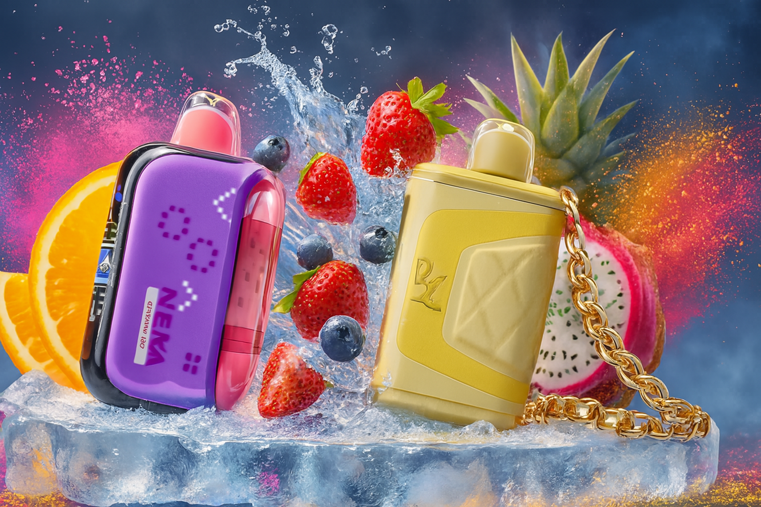 The image displays two striking vape devices positioned atop a block of ice, surrounded by a vivid burst of tropical fruits and dynamic splashes. On the left, the META ONE BAR stands out with its sleek purple and pink design, while the gold device on the right, adorned with a chain, exudes a sense of luxury and boldness. Around them, fresh strawberries, blueberries, orange slices, pineapple, and dragon fruit create a rich, sensory palette. The background explodes with water droplets and colorful powder clouds, amplifying the composition’s energy and highlighting the refreshing, flavor-packed appeal of the products.