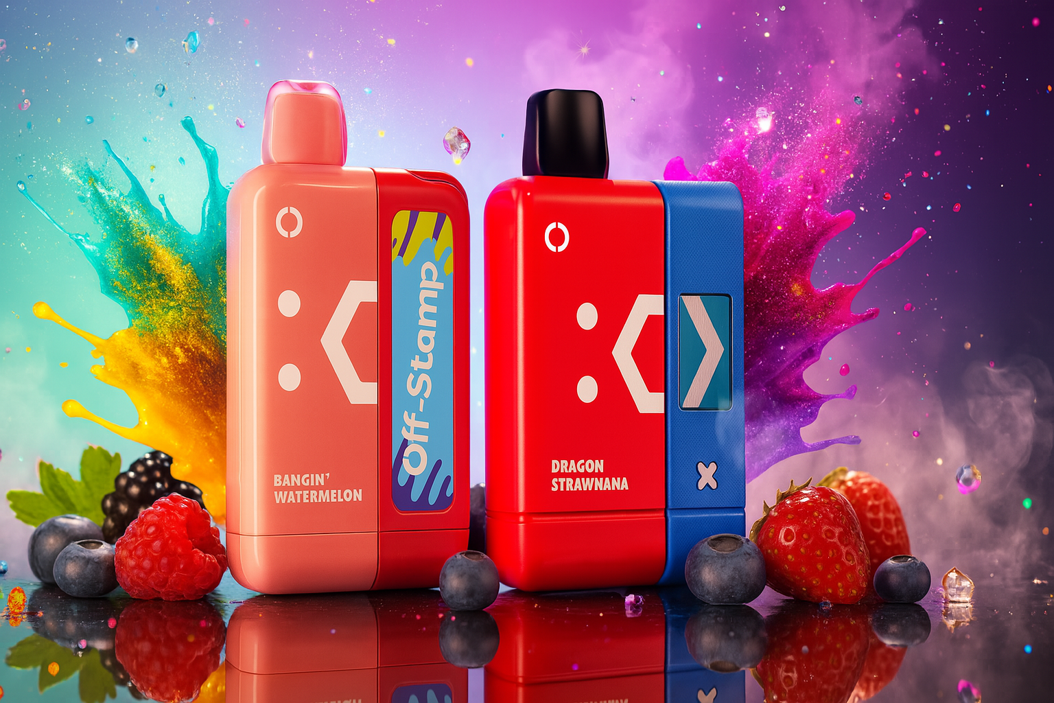 The image showcases two bold vape devices set against a vibrant, paint-splashed background filled with fresh berries and dynamic color. On the left, the “Bangin' Watermelon” device features a pink and red design with a watermelon slice graphic and a blue stripe labeled “Off-Stamp.” On the right, the “Dragon Strawbanana” device combines red and blue tones with a stylized arrow and an “X” symbol, suggesting intensity and motion. Surrounding them are strawberries, blueberries, blackberries, and raspberries, visually amplifying the fruity flavor theme and creating a lively, flavor-packed composition.