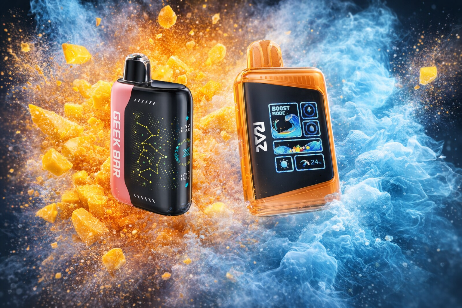 The photo shows two vape devices set against a dynamic background of exploding orange crystals and swirling blue smoke. On the left is a black-and-pink device labeled 