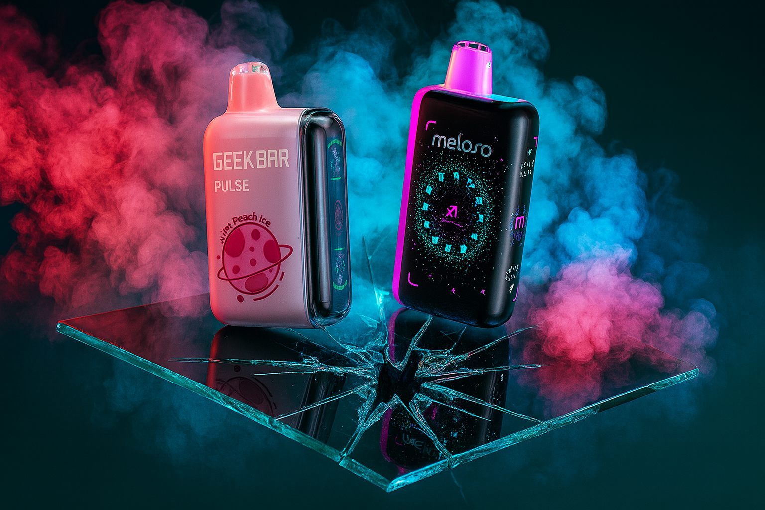 The photo shows two vape devices standing upright on a cracked glass surface with colorful smoke swirling in the background. The left device is pink, labeled GEEK BAR PULSE with a planet graphic and the flavor Water Peach Ice, while the right device is black with neon accents, branded meloso and featuring a futuristic digital design. The vibrant red and blue smoke clouds create a dramatic, eye-catching atmosphere.