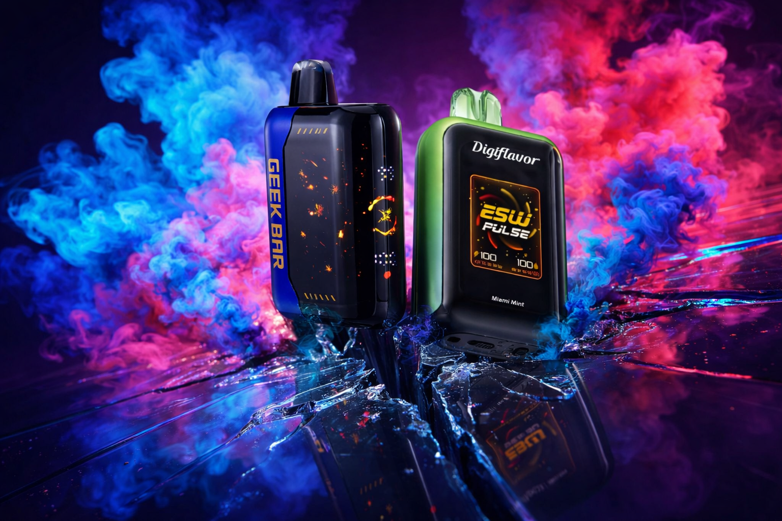 The photo shows two vape devices standing upright on a cracked reflective surface surrounded by swirling clouds of blue, pink, and purple smoke. The left device has a blue and black body with bold yellow text reading GEEK BAR and a digital display featuring orange and yellow graphics. The right device is branded Digiflavor with the label ESW PULSE on its screen, displaying the numbers “100” twice along with the flavor Miami Mint. The vibrant colors and futuristic design create a dramatic, high-tech atmosphere.