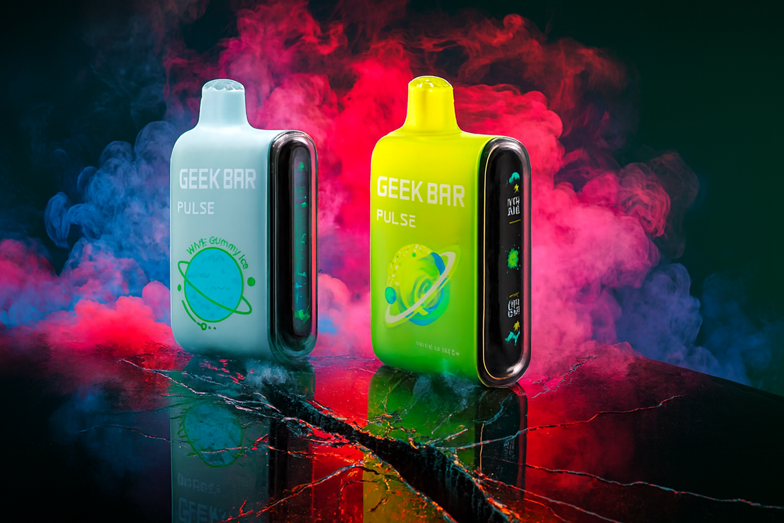 The photo shows two vape devices standing upright on a cracked reflective surface with vibrant smoke clouds in the background. The left device is light blue, labeled GEEK BAR PULSE with the flavor White Gummy Ice and a green planet graphic, while the right device is neon green, labeled Made to Ice with a different planet design. Both have sleek rectangular shapes with rounded edges and black side panels displaying icons and text, enhanced by the dramatic red, pink, and blue smoke for a bold, futuristic look.