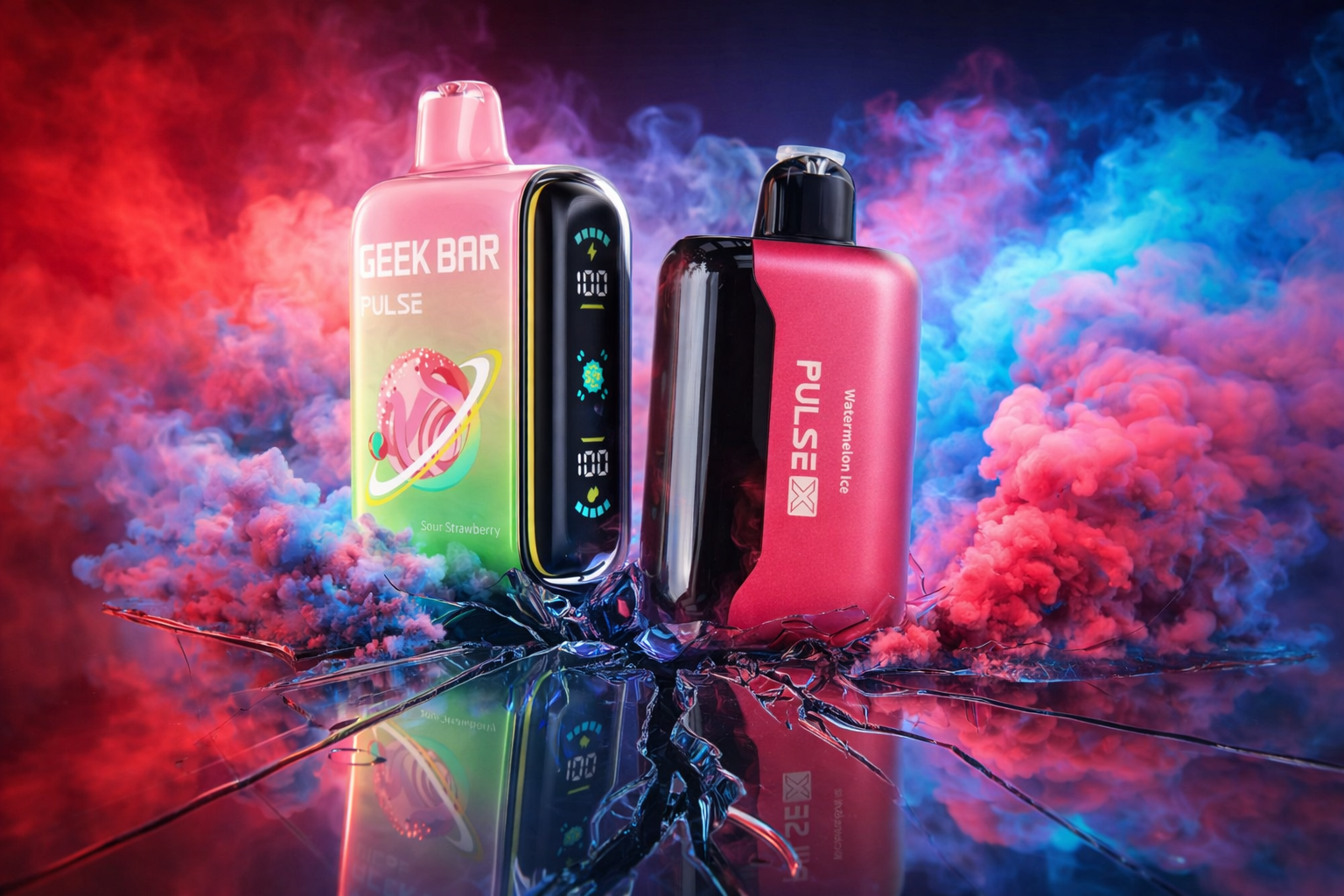 The photo shows two colorful vape devices placed on a reflective cracked surface with vibrant smoke effects. On the left, the “GEEK BAR PULSE Sour Strawberry” features a pink planet illustration, a digital display showing “100,” and battery indicators. On the right, the “PULSE X Watermelon Ice” stands out against swirling red, blue, and purple smoke, creating a futuristic and energetic atmosphere.