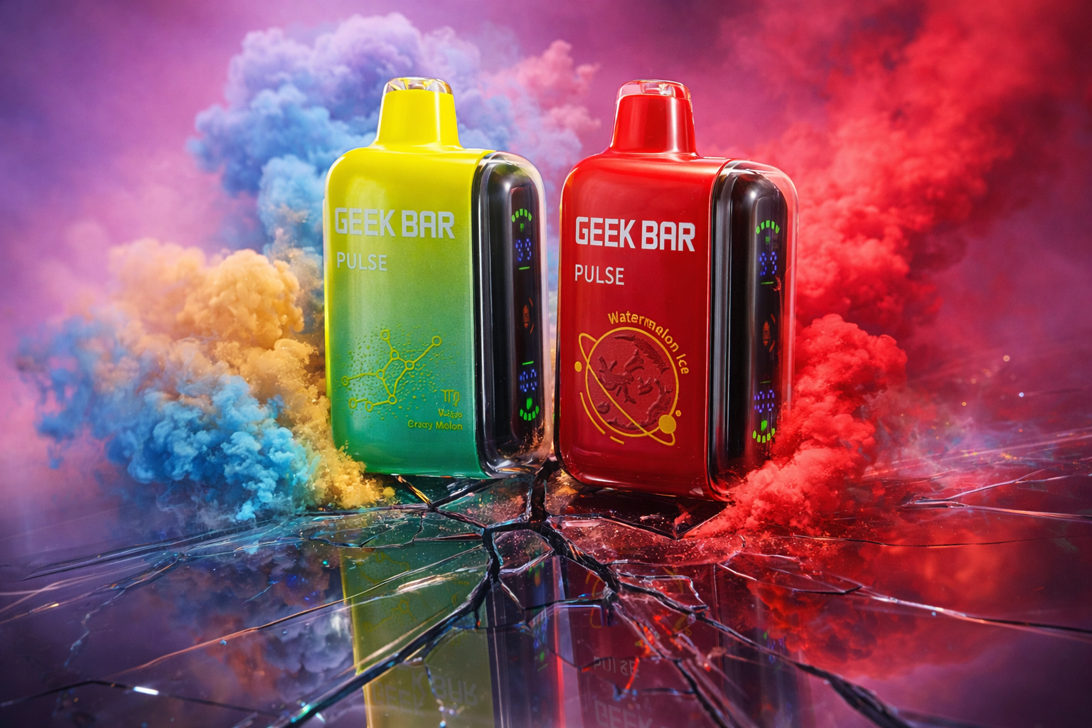 The photo shows two brightly colored vape devices from the brand GEEK BAR with the model name PULSE. One device is yellow and green, labeled “Crazy Melon,” while the other is red, labeled “Watermelon Ice.” Both have a sleek rectangular design with rounded edges and a mouthpiece at the top, set against a dramatic background of vibrant smoke clouds and cracked glass.