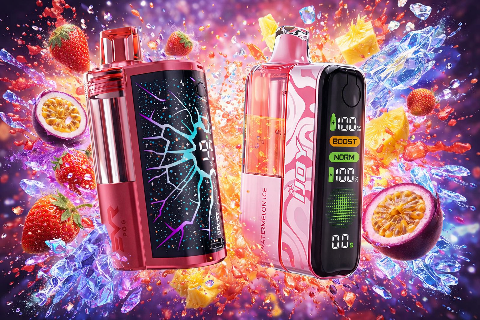 The photo shows two vape devices placed against a lively background filled with splashes of juice, ice shards, and fruits. The left device is red with a black panel featuring a neon crack-like design and the text “EVR POG.” The right device is pink with a transparent tank labeled “WATERMELON ICE,” displaying battery levels, modes, and a timer on its digital screen.