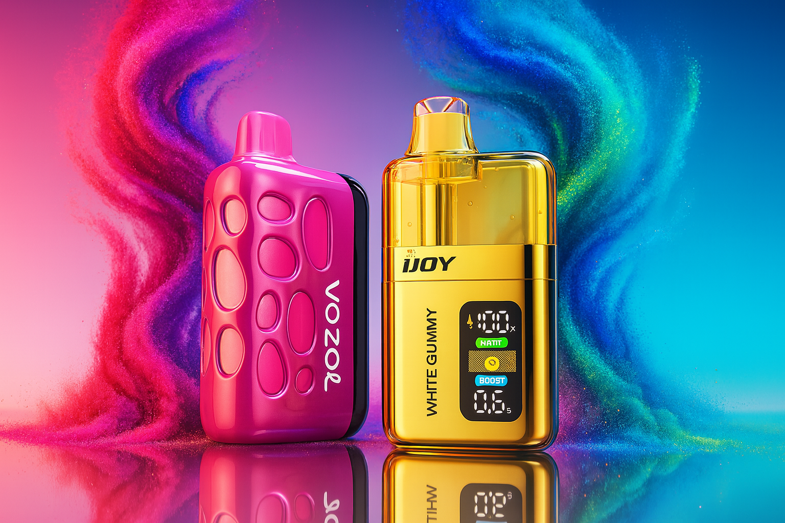 Two vapes, a pink Voopoo and a golden iJoy, are shown on a reflective surface with a dynamic, swirling background of pink and blue powder.