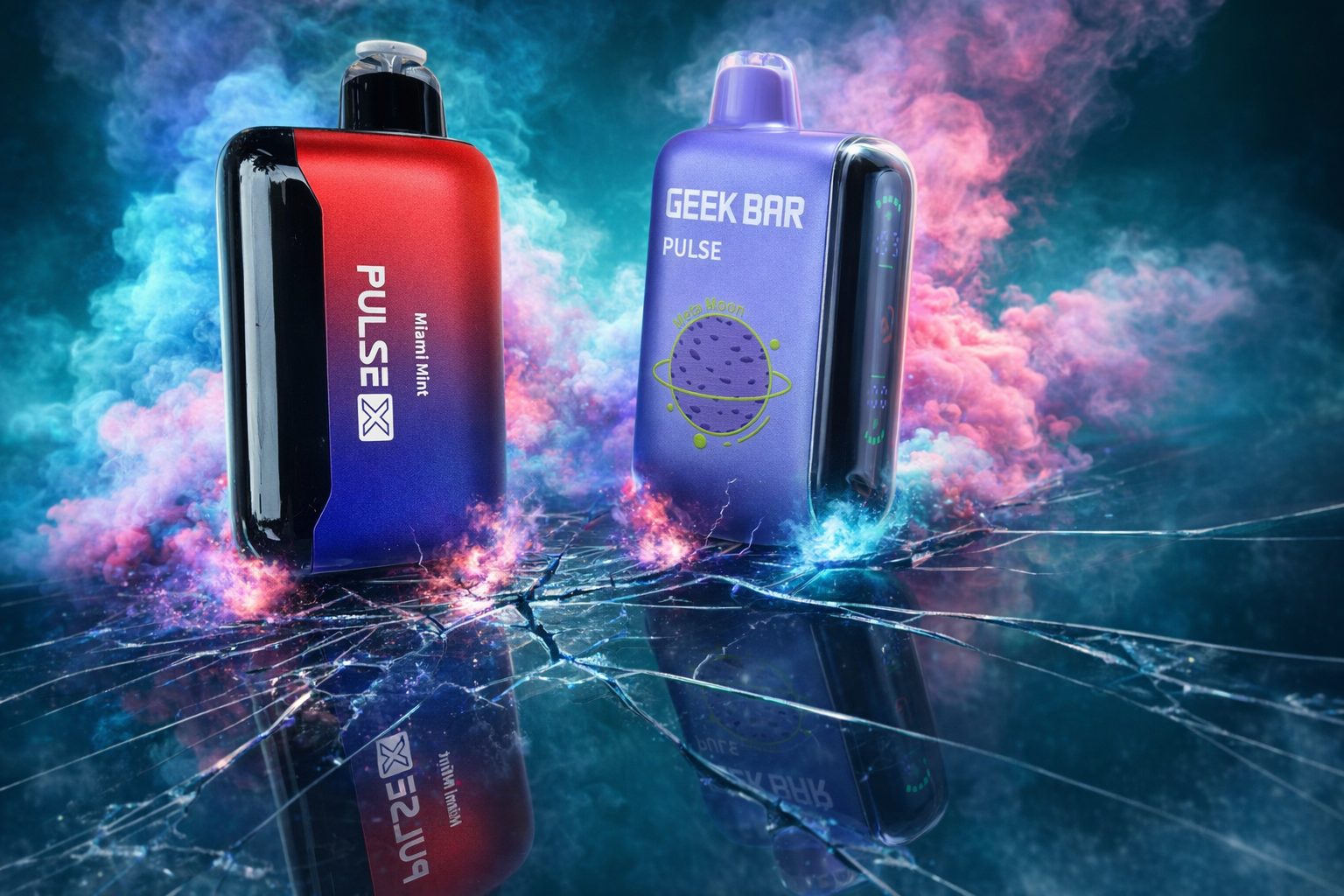 The photo shows two vape devices standing upright on a cracked reflective surface with colorful smoke swirling in the background. The left device is labeled PULSE X with the flavor Miami Mint and features a red-to-blue gradient design, while the right device is branded GEEK BAR PULSE in purple with a planet graphic and the flavor Black Hole, along with a visible side display screen. The vibrant colors and dramatic atmosphere give the image a bold, futuristic look.